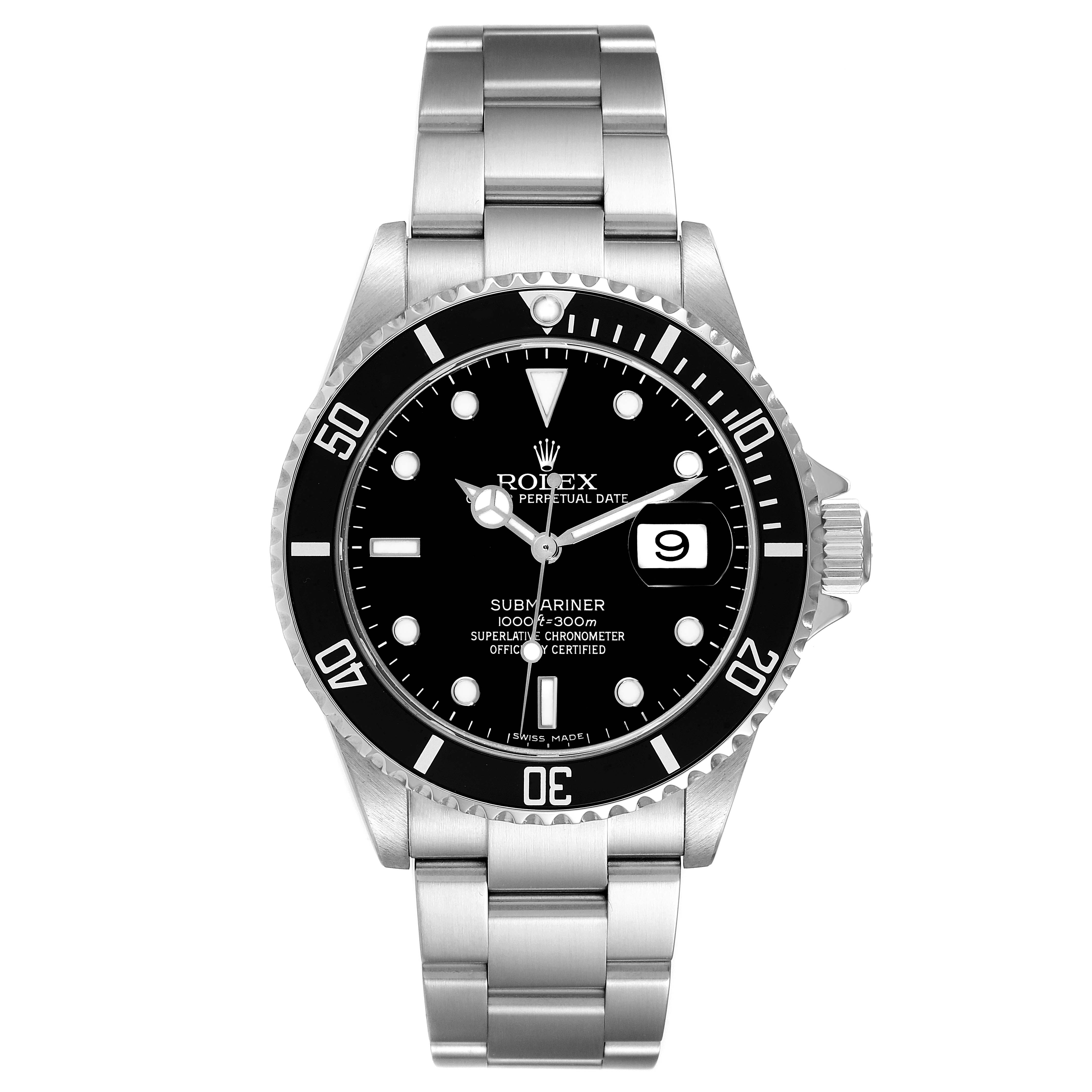 The image shows a front view of the Rolex Submariner 16610 Men
s Stainless Steel Black Dial 16610 Men
s Stainless Steel Black Dial watch, displaying its face, bezel, and bracelet.