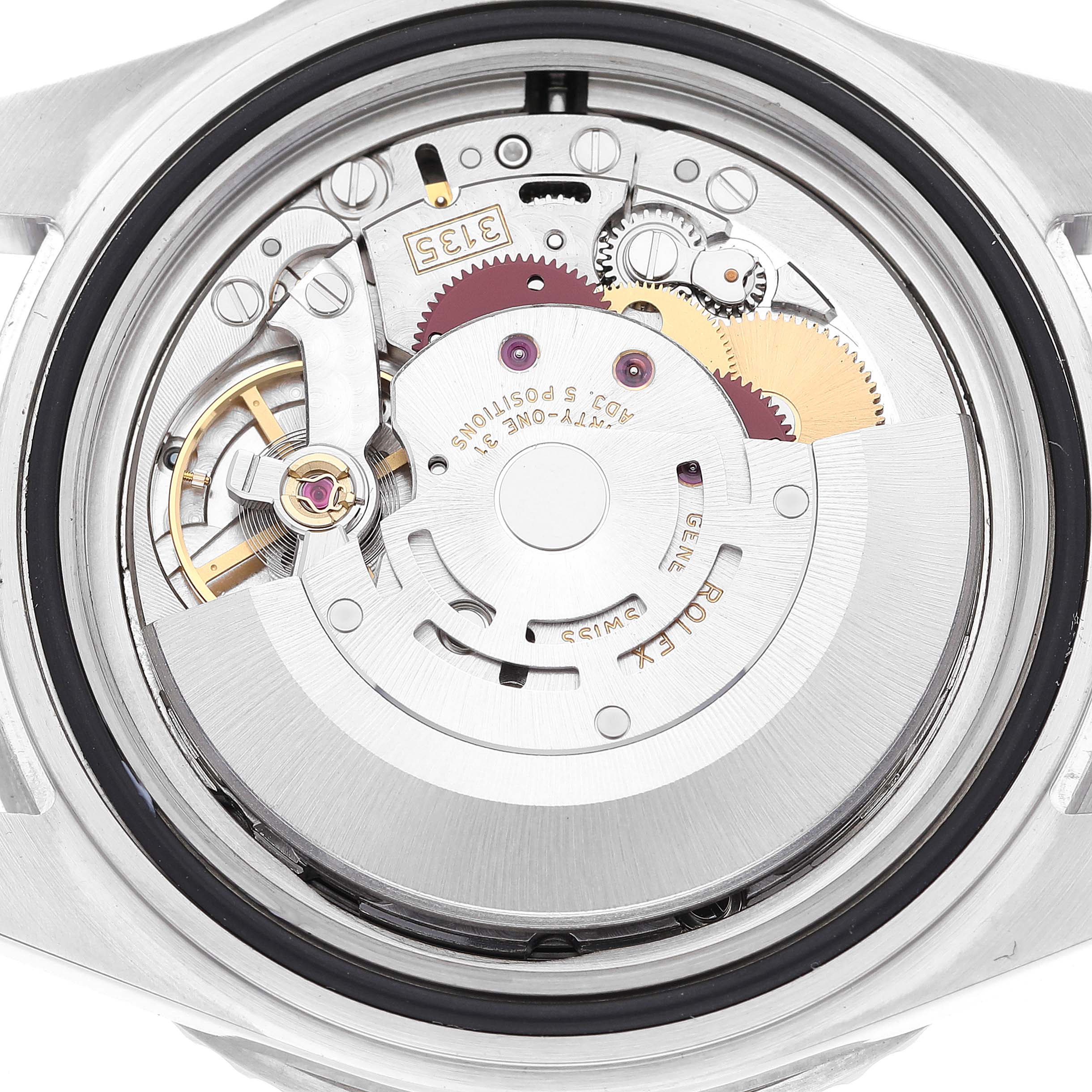 This image shows the internal movement mechanism of a Rolex Submariner 16610 Men
s Stainless Steel Black Dial 16610 Men
s Stainless Steel Black Dial watch from a top-down angle.