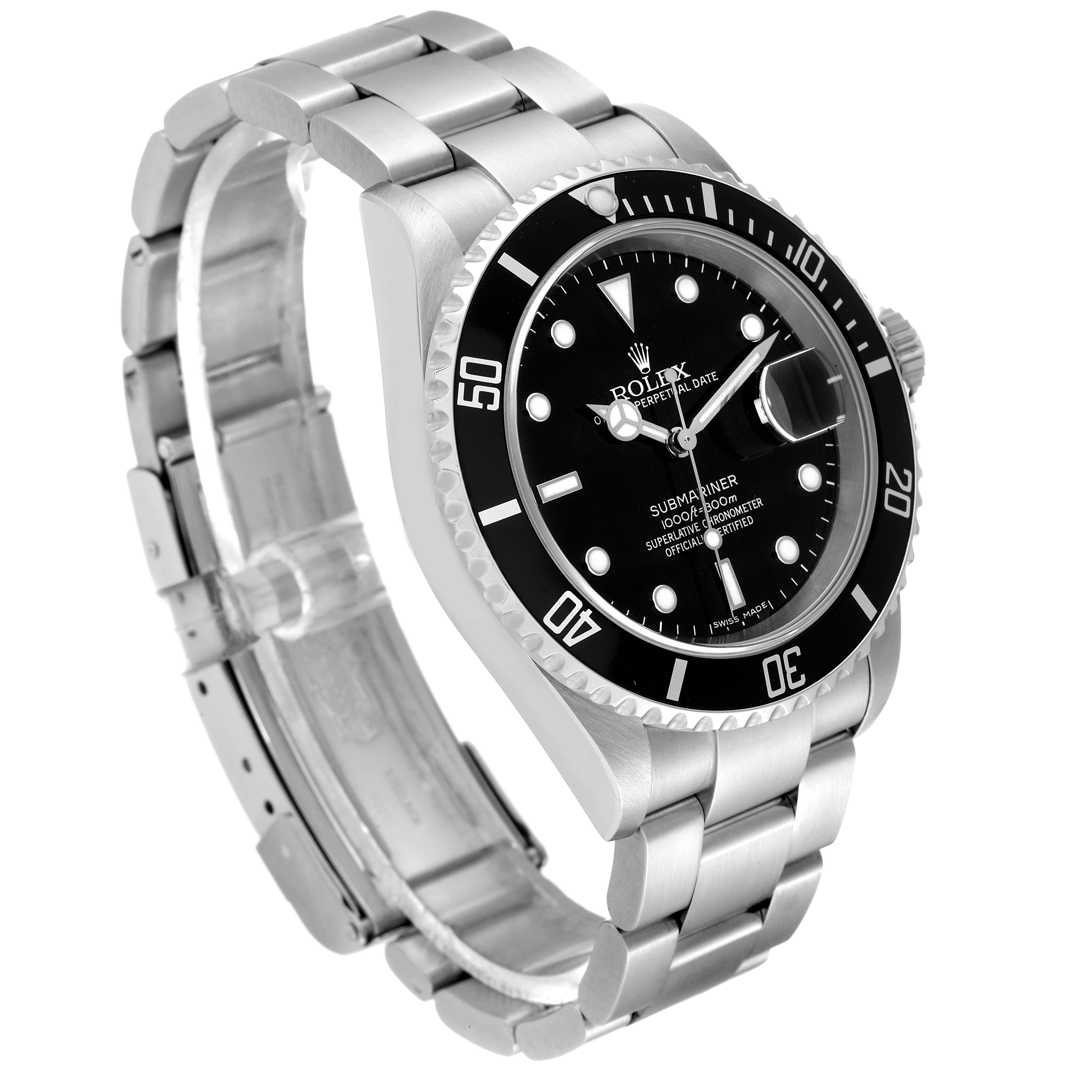 The image shows a Rolex Submariner 16610 Men
s Stainless Steel Black Dial 16610 Men
s Stainless Steel Black Dial watch at a three-quarter angle, highlighting the watch face, bezel, and stainless steel bracelet.