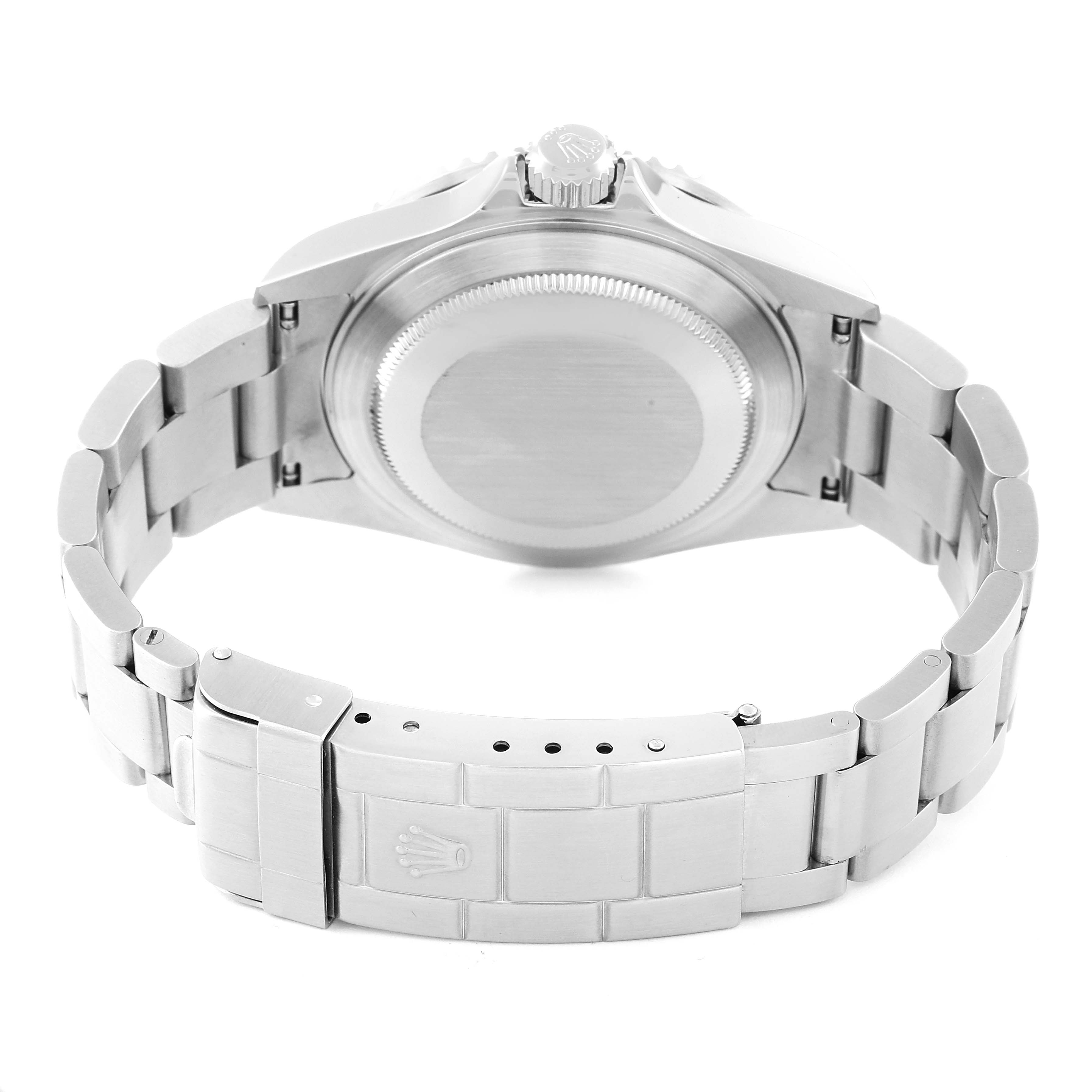 The image shows the back case and bracelet of a Rolex Submariner 16610 Men
s Stainless Steel Black Dial 16610 Men
s Stainless Steel Black Dial watch, with the clasp and crown also visible.