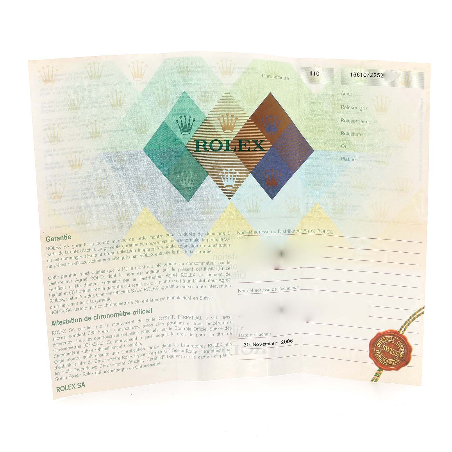 The image shows the official warranty card/document for the Rolex Submariner 16610 Men
s Stainless Steel Black Dial 16610 Men
s Stainless Steel Black Dial watch.