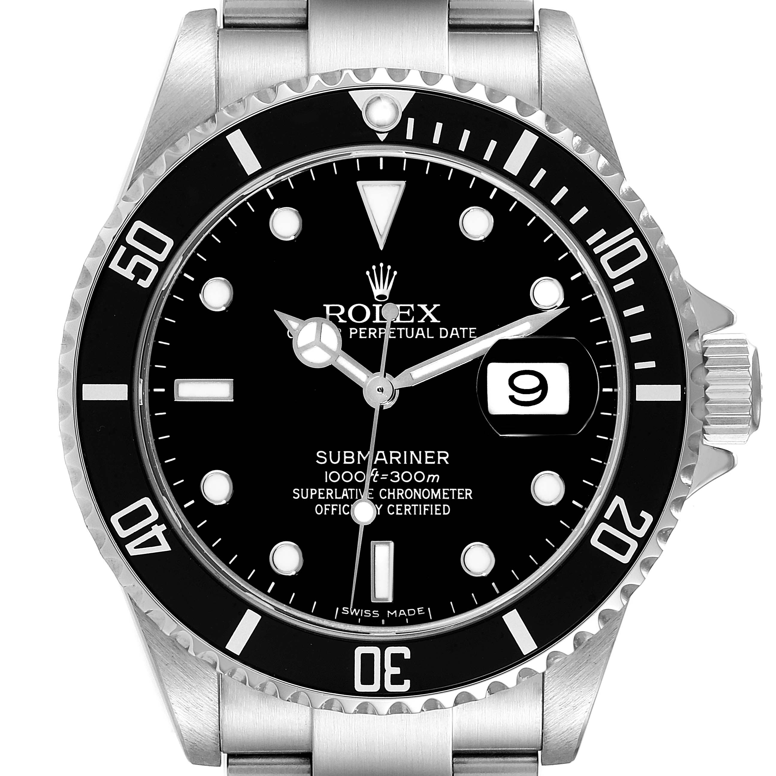 This image shows a front view of the Rolex Submariner 16610 Men
s Stainless Steel Black Dial 16610 Men
s Stainless Steel Black Dial, displaying the dial, bezel, crown, and part of the bracelet.