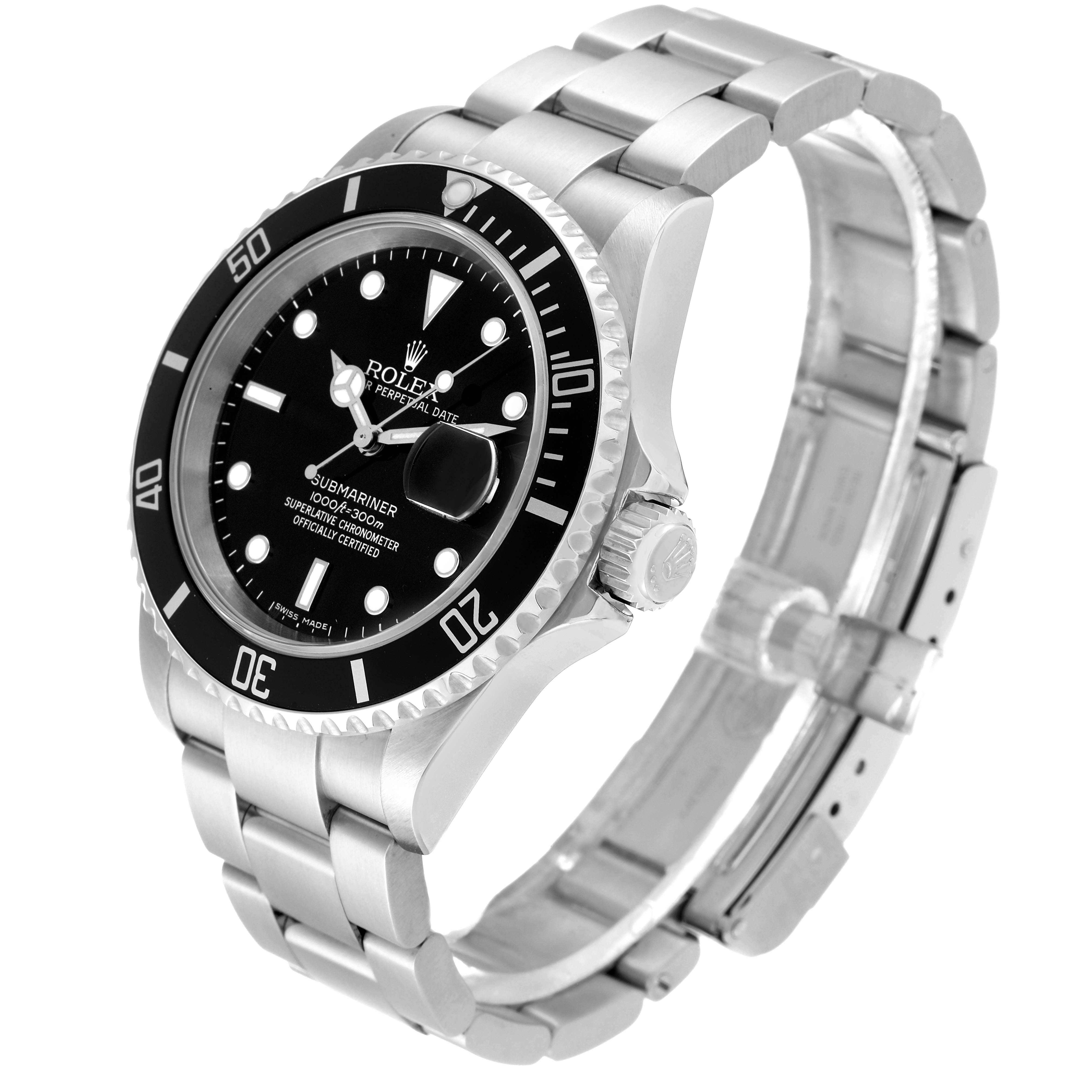 This image shows a Rolex Submariner 16610 Men
s Stainless Steel Black Dial 16610 Men
s Stainless Steel Black Dial watch at a three-quarter angle, highlighting the face, bezel, crown, and bracelet.