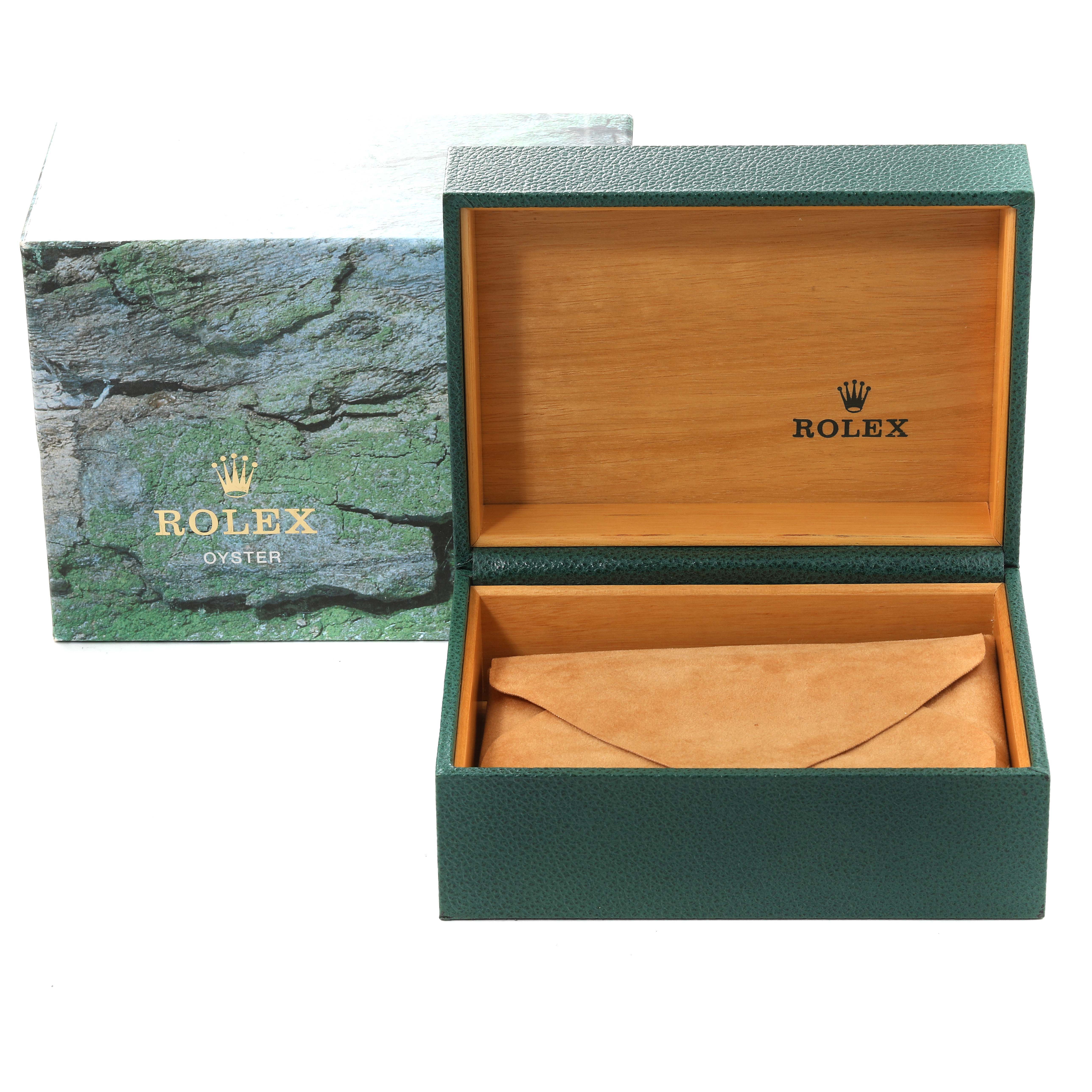 The image shows an open Rolex Submariner 14060 Men
s Stainless Steel Black Dial 14060 Men
s Stainless Steel Black Dial watch box and an outer packaging box, viewed from the front.