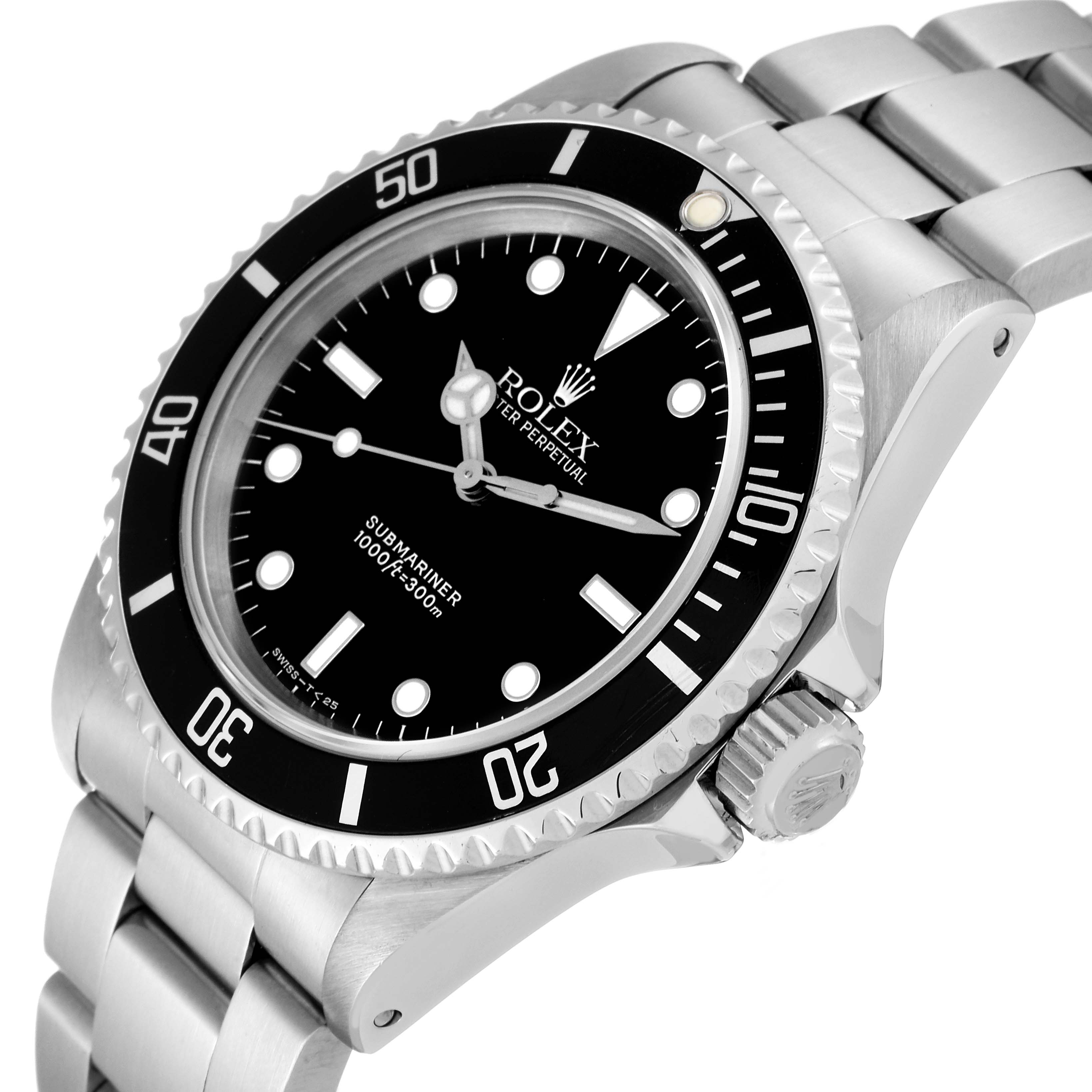 The image shows a side and slightly front angle of the Rolex Submariner 14060 Men
s Stainless Steel Black Dial 14060 Men
s Stainless Steel Black Dial, highlighting the bezel, dial, crown, and bracelet.