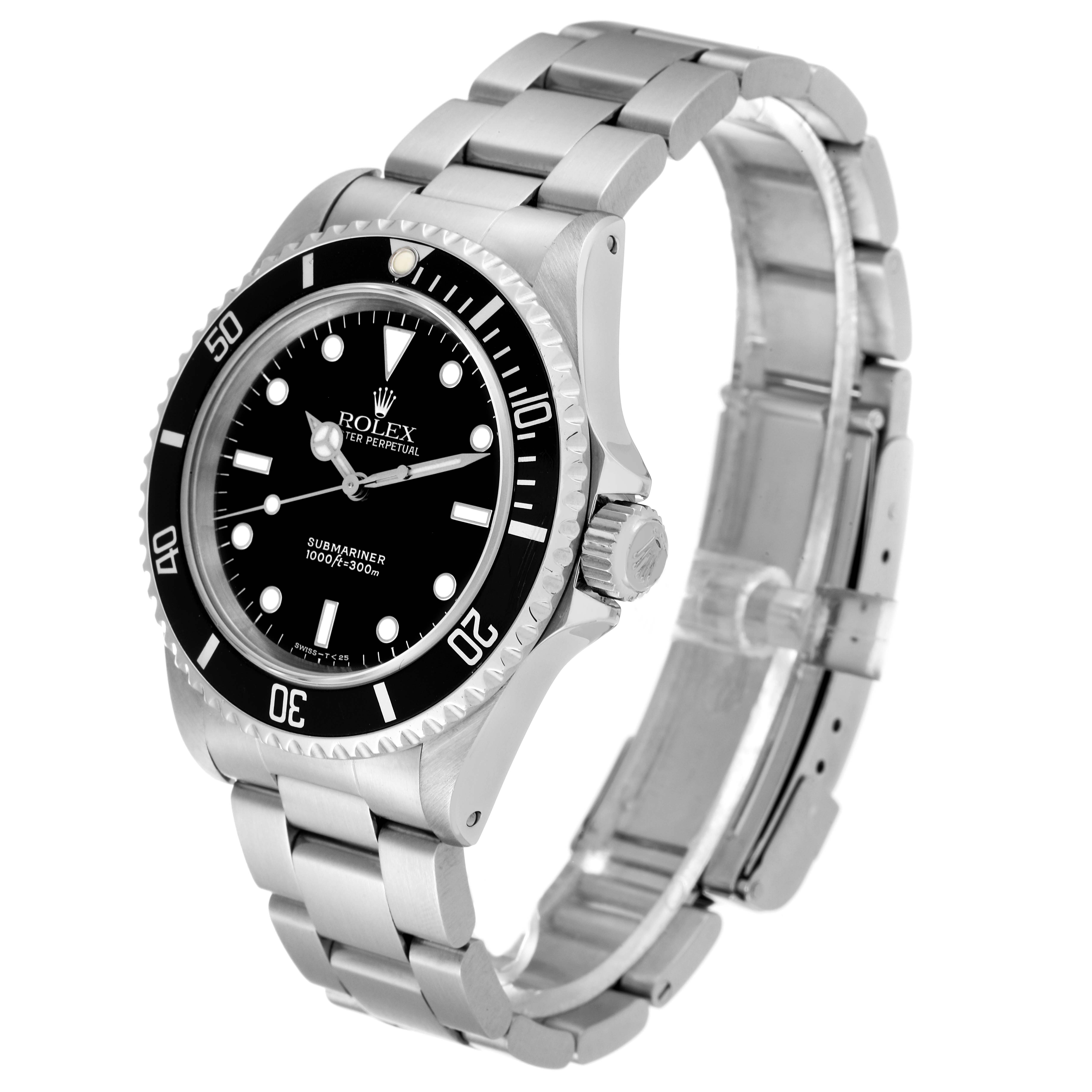 The image shows a Rolex Submariner 14060 Men
s Stainless Steel Black Dial 14060 Men
s Stainless Steel Black Dial watch at a three-quarter angle, highlighting the dial, bezel, crown, and bracelet.
