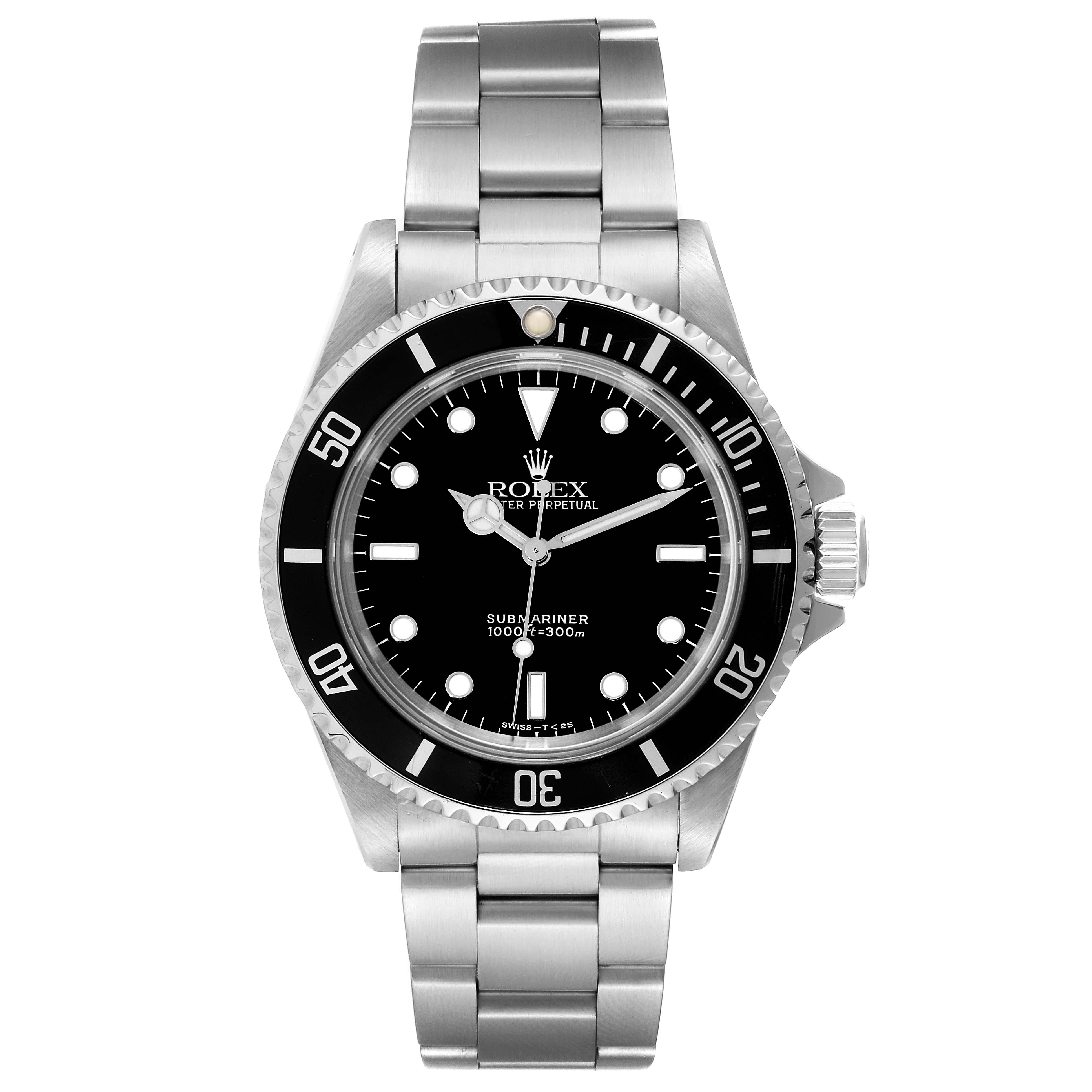 The image shows a front view of a Rolex Submariner 14060 Men
s Stainless Steel Black Dial 14060 Men
s Stainless Steel Black Dial watch, featuring its black dial, rotating bezel, and stainless steel bracelet.