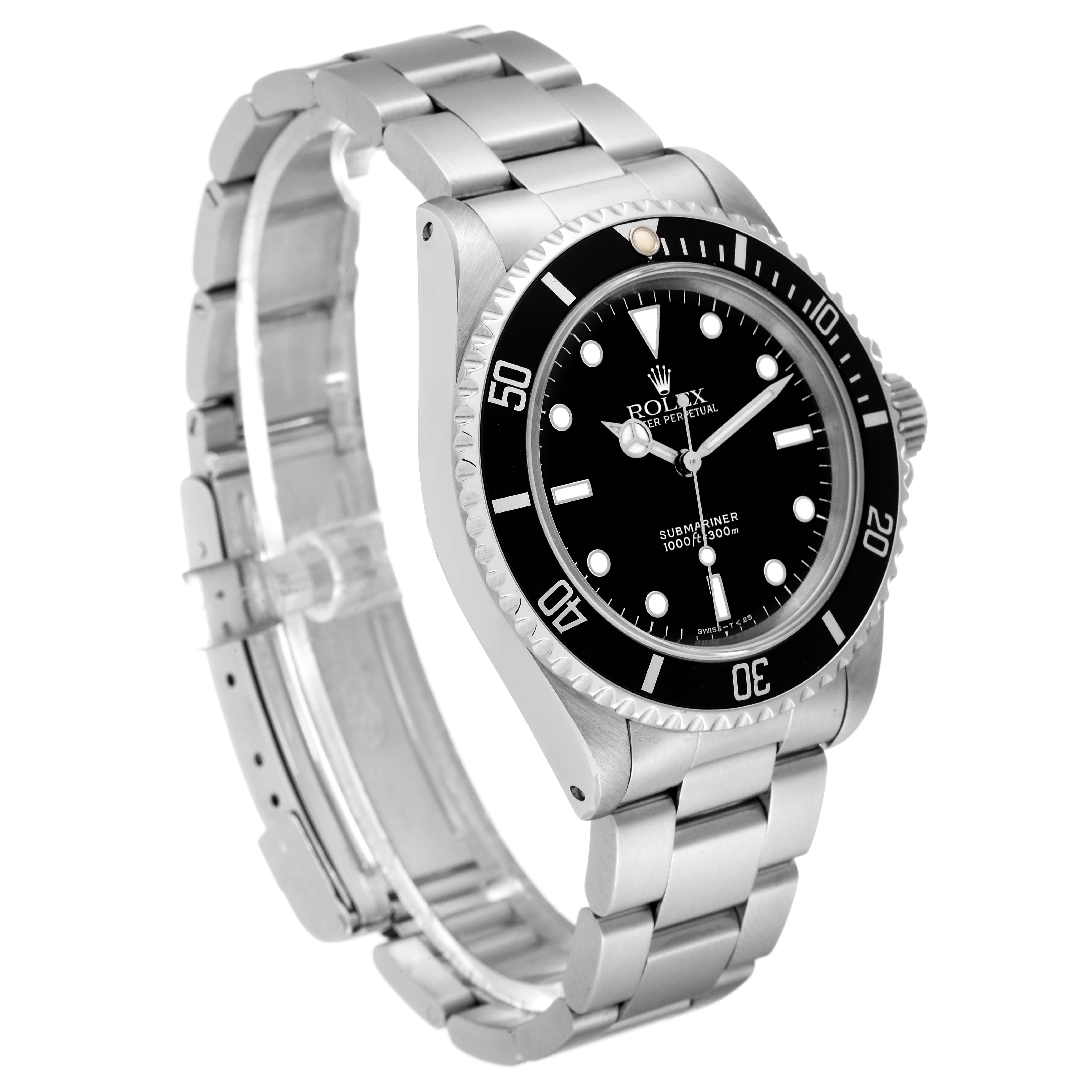 The Rolex Submariner 14060 Men
s Stainless Steel Black Dial 14060 Men
s Stainless Steel Black Dial watch is shown from a slight side angle, highlighting its face, bezel, and bracelet.