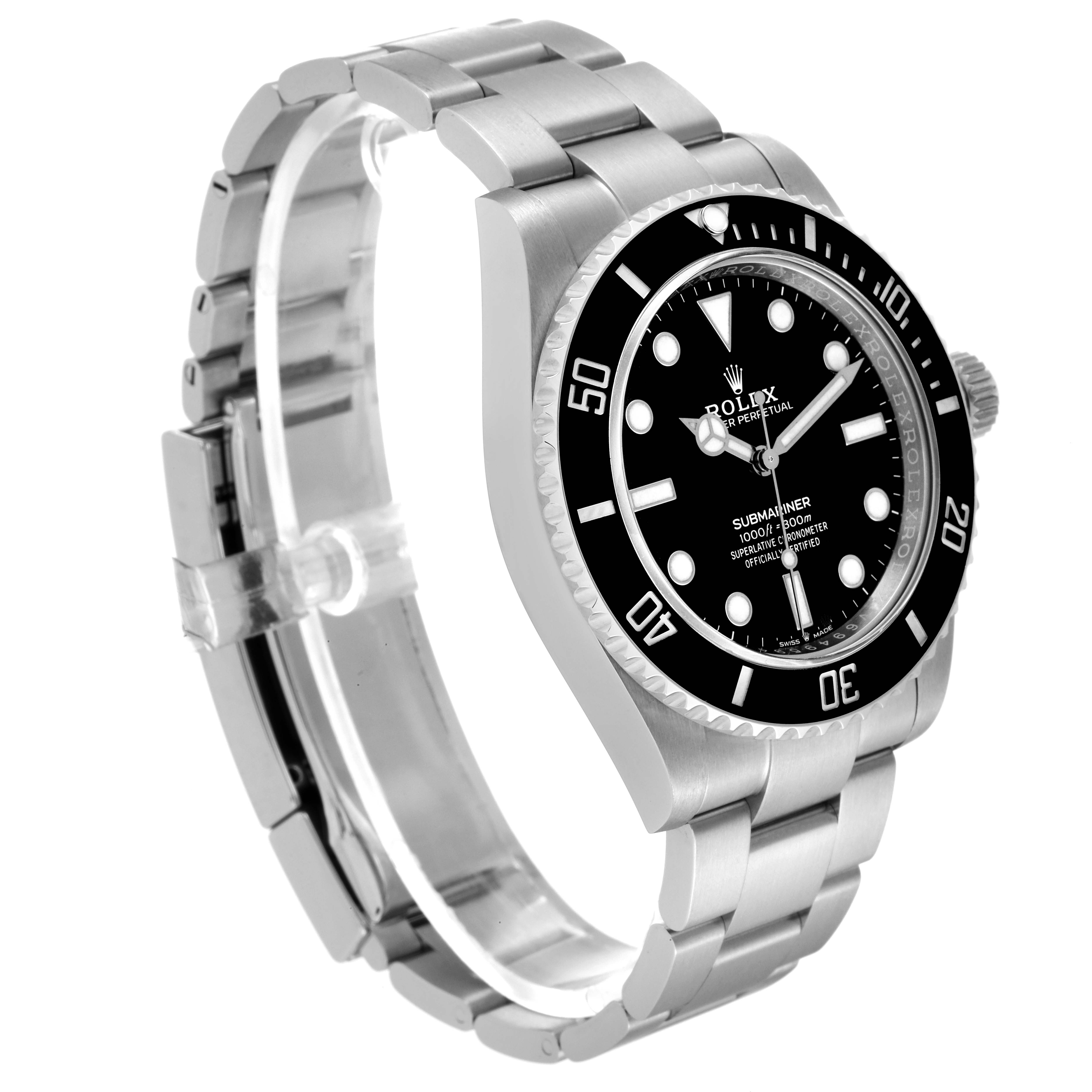 The Rolex Submariner 124060 Men's Stainless Steel Black Dial 124060 Men's Stainless Steel Black Dial watch is shown from an angled front view, highlighting the face, bezel, crown, and part of the bracelet.