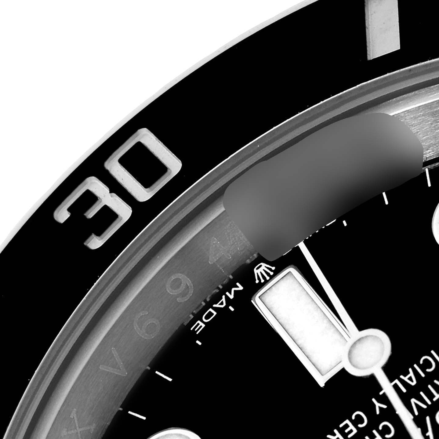 The image shows a close-up of the dial and bezel at the 30-minute mark of a Rolex Submariner 124060 Men's Stainless Steel Black Dial 124060 Men's Stainless Steel Black Dial watch.