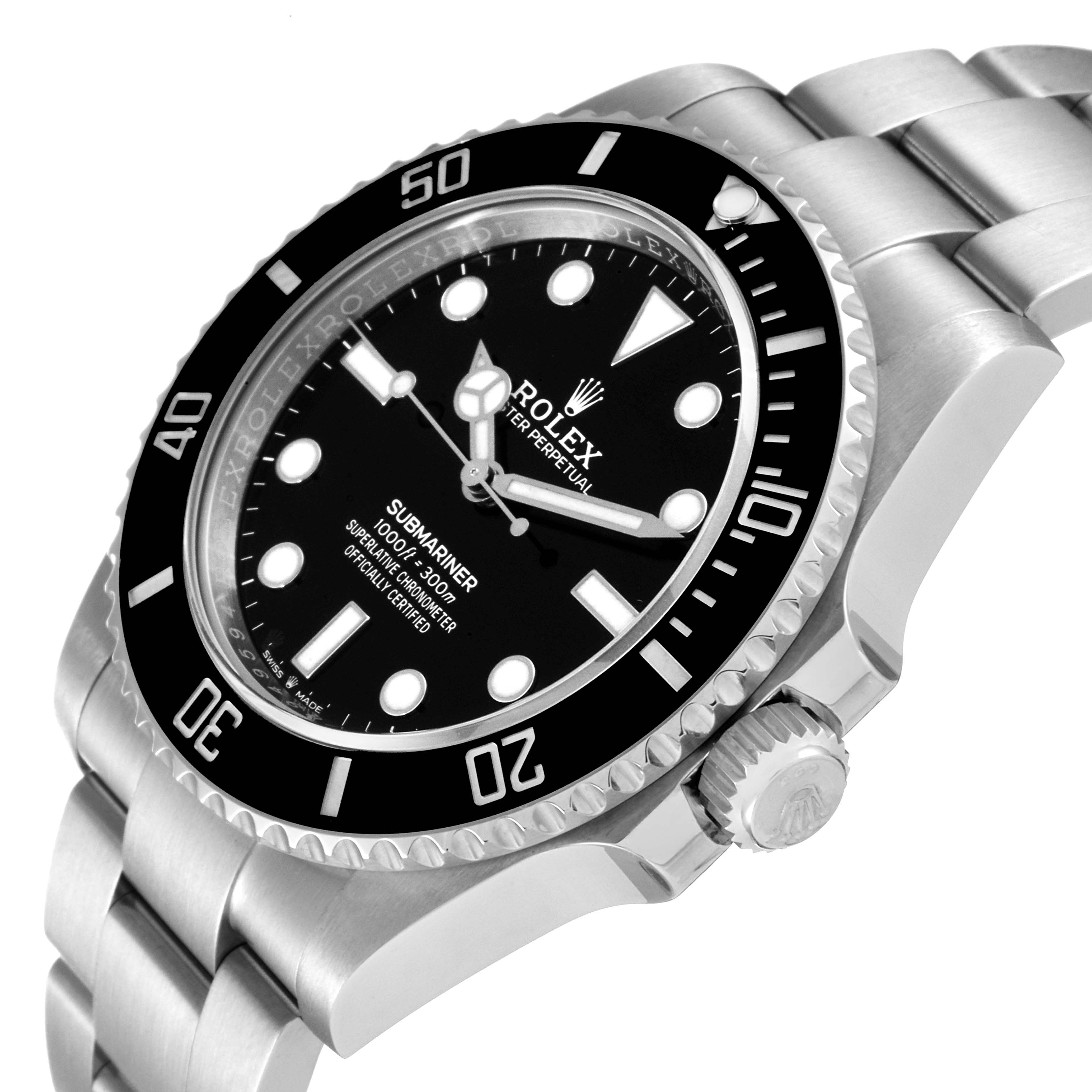 The image shows the Rolex Submariner 124060 Men's Stainless Steel Black Dial 124060 Men's Stainless Steel Black Dial watch from a three-quarter angle, featuring the dial, bezel, crown, and part of the bracelet.