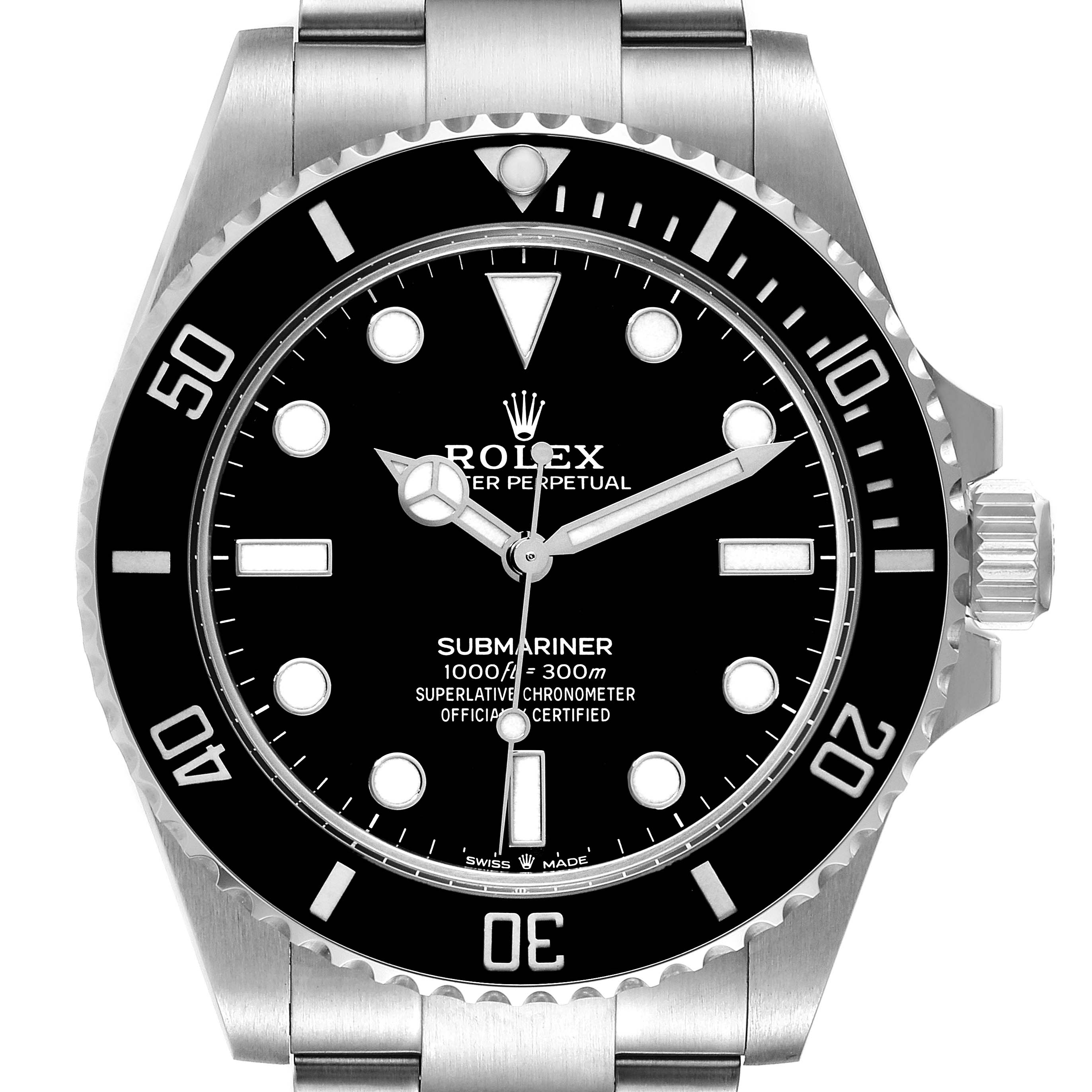 This image shows a front view of the Rolex Submariner 124060 Men's Stainless Steel Black Dial 124060 Men's Stainless Steel Black Dial watch, displaying the dial, bezel, and part of the bracelet.