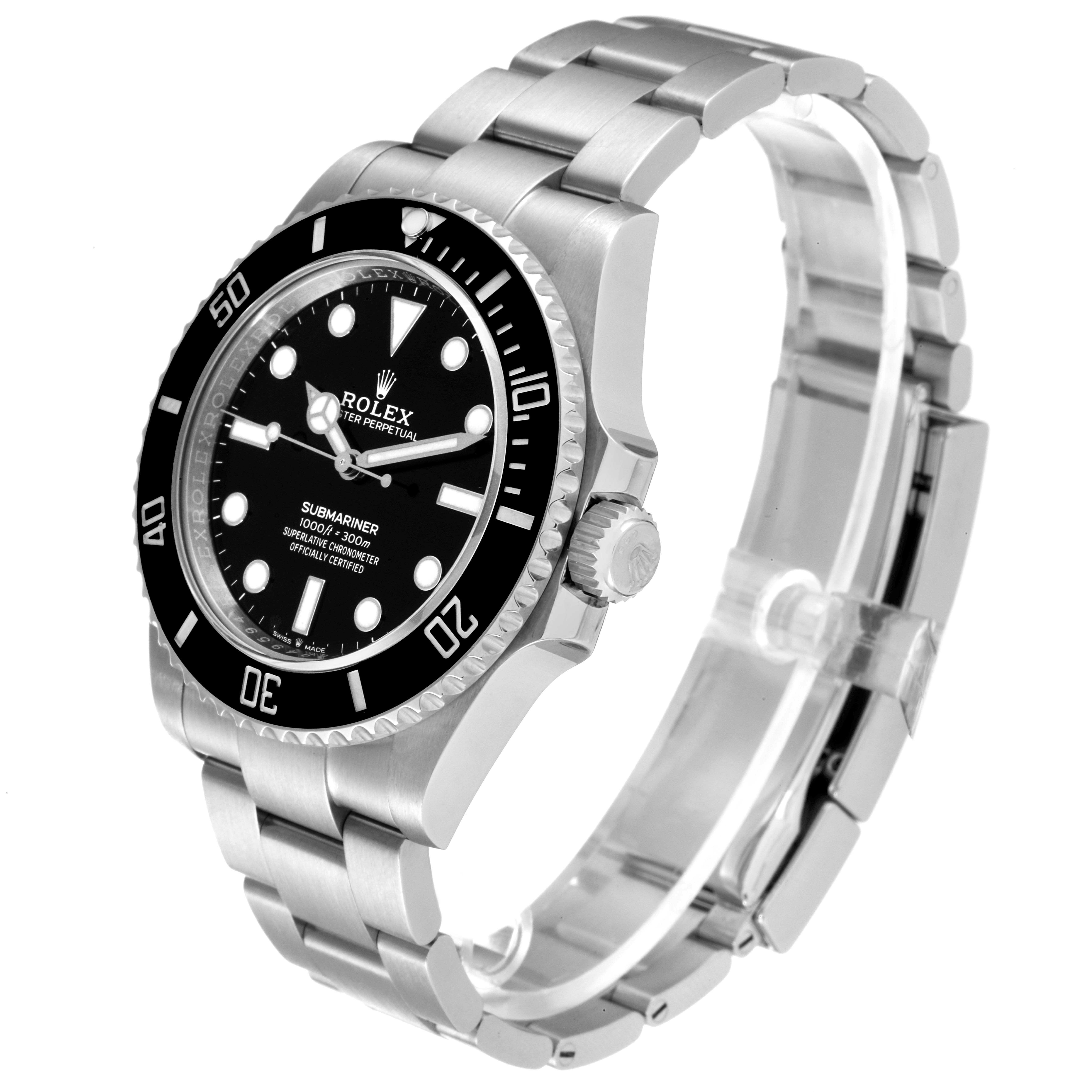 The Rolex Submariner 124060 Men's Stainless Steel Black Dial 124060 Men's Stainless Steel Black Dial watch is shown at an angle from the front-right side, highlighting the dial, bezel, and part of the bracelet.