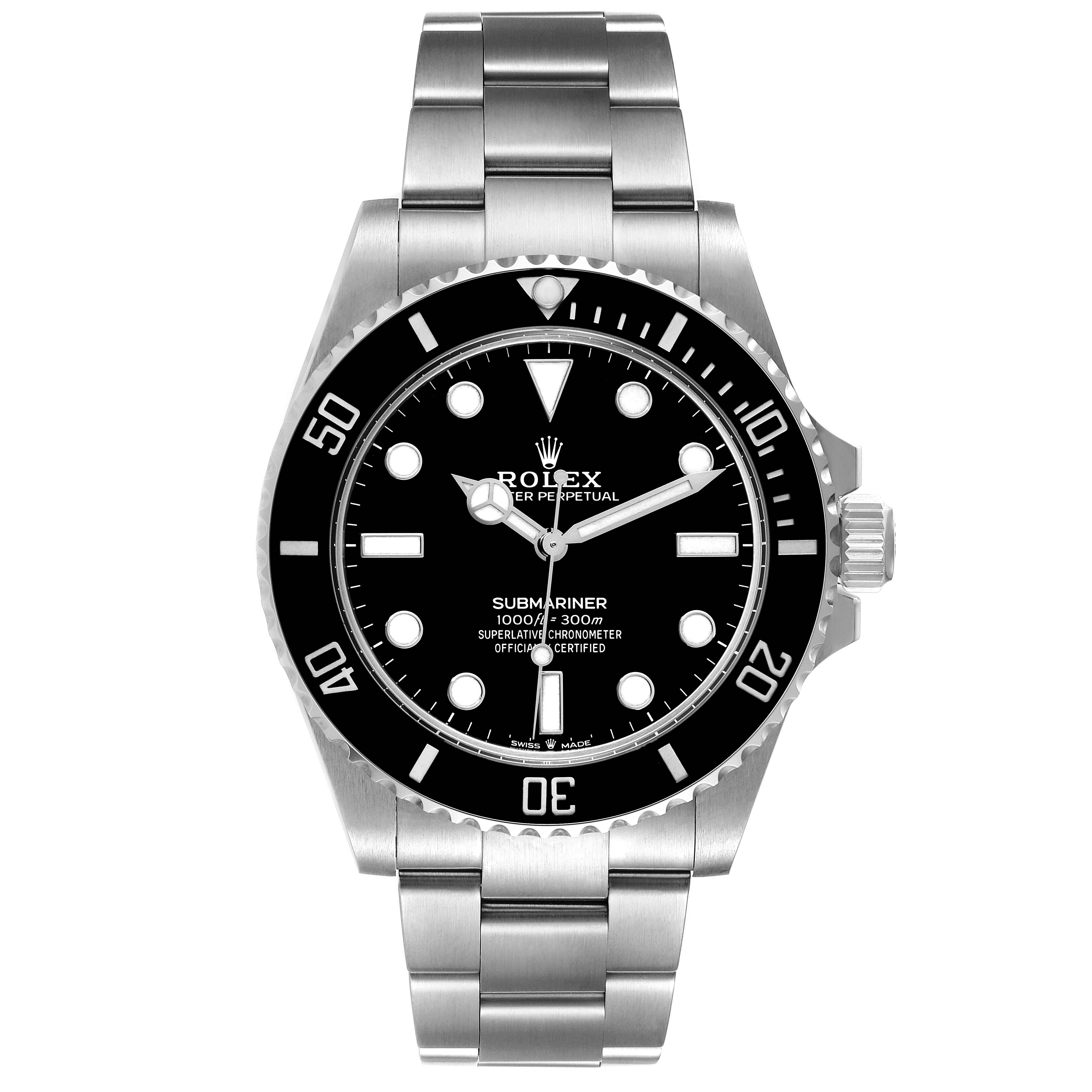 The image shows a front view of a Rolex Submariner 124060 Men's Stainless Steel Black Dial 124060 Men's Stainless Steel Black Dial watch, including the dial, bezel, and bracelet.