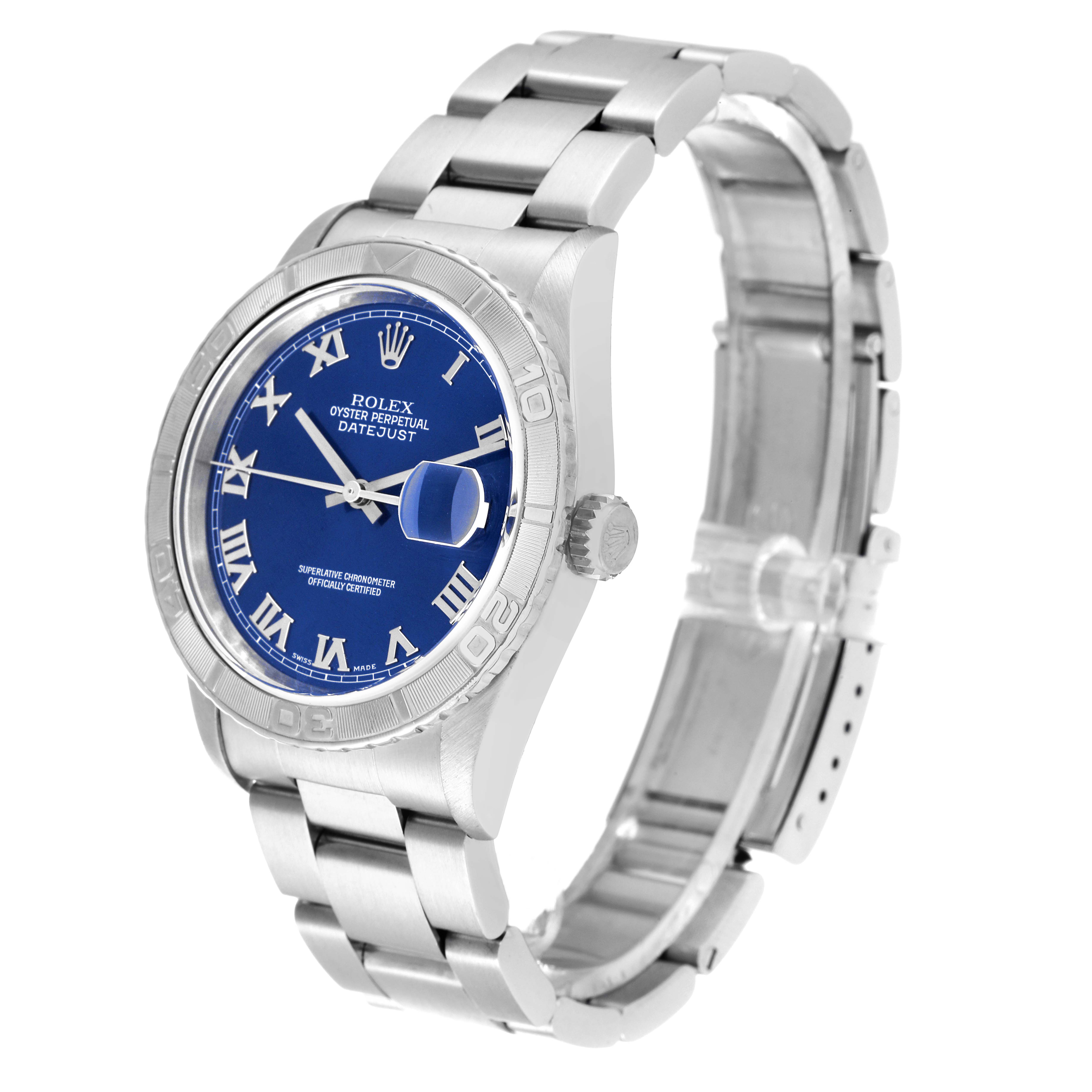 The image shows a Rolex Turn-o-Graph 16264 Men
s Stainless Steel Blue Dial 16264 Men
s Stainless Steel Blue Dial watch from an angled side view, highlighting its blue dial, date magnifier, and metal bracelet.