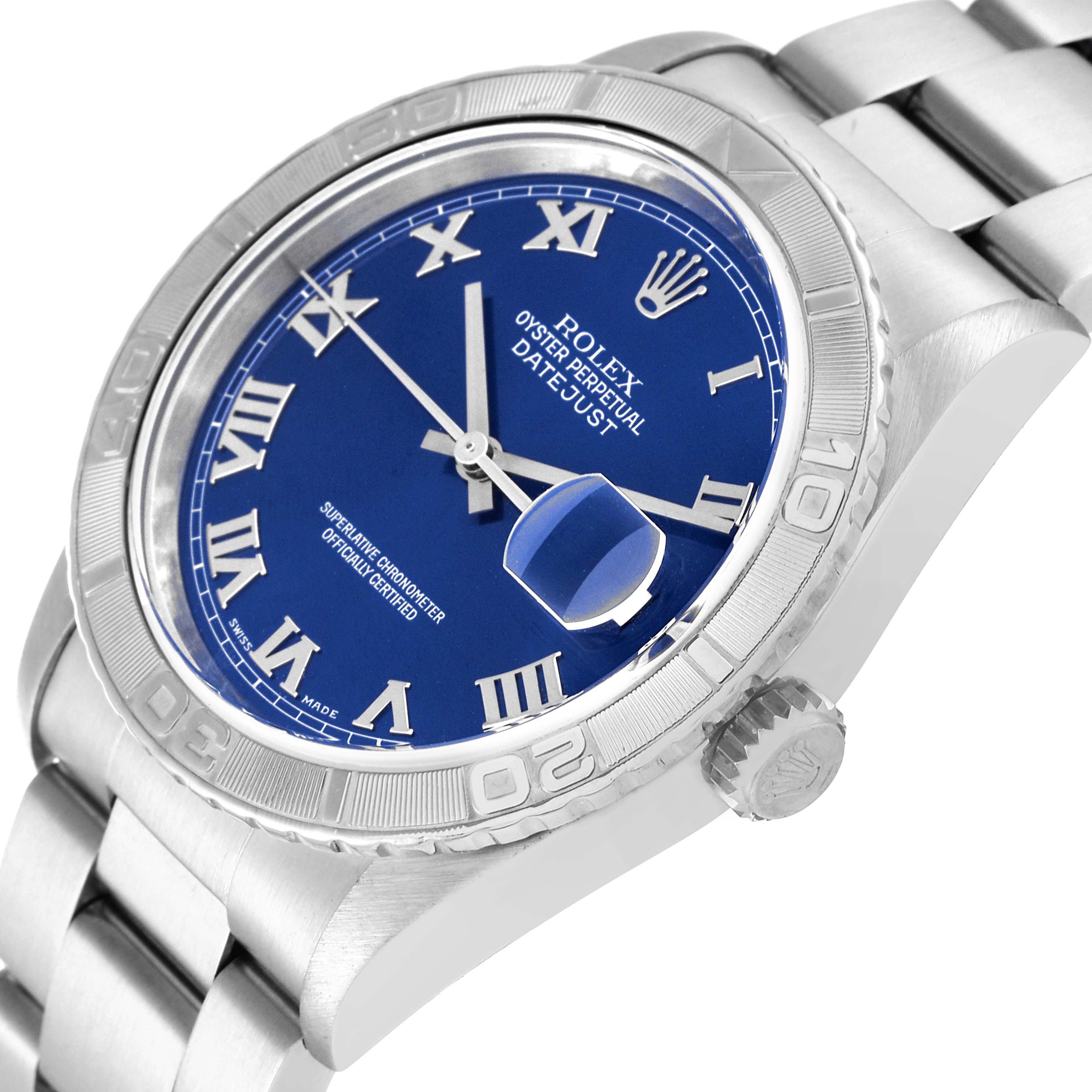This is an angled view of the Rolex Turn-o-Graph 16264 Men
s Stainless Steel Blue Dial 16264 Men
s Stainless Steel Blue Dial watch showing the face, bezel, crown, and part of the bracelet.