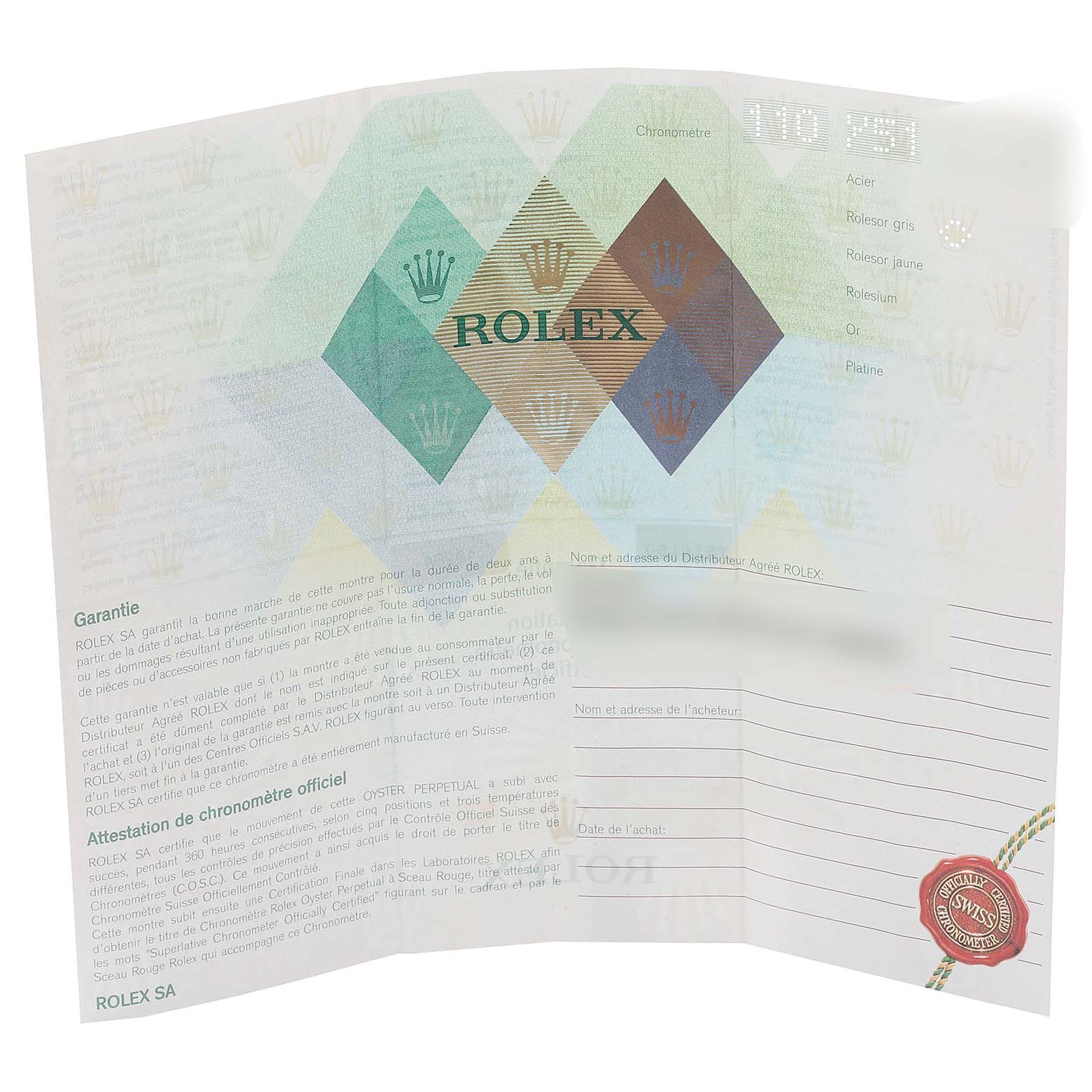The image shows the warranty and certification paperwork for the Rolex Turn-o-Graph 16264 Men
s Stainless Steel Blue Dial 16264 Men
s Stainless Steel Blue Dial watch.