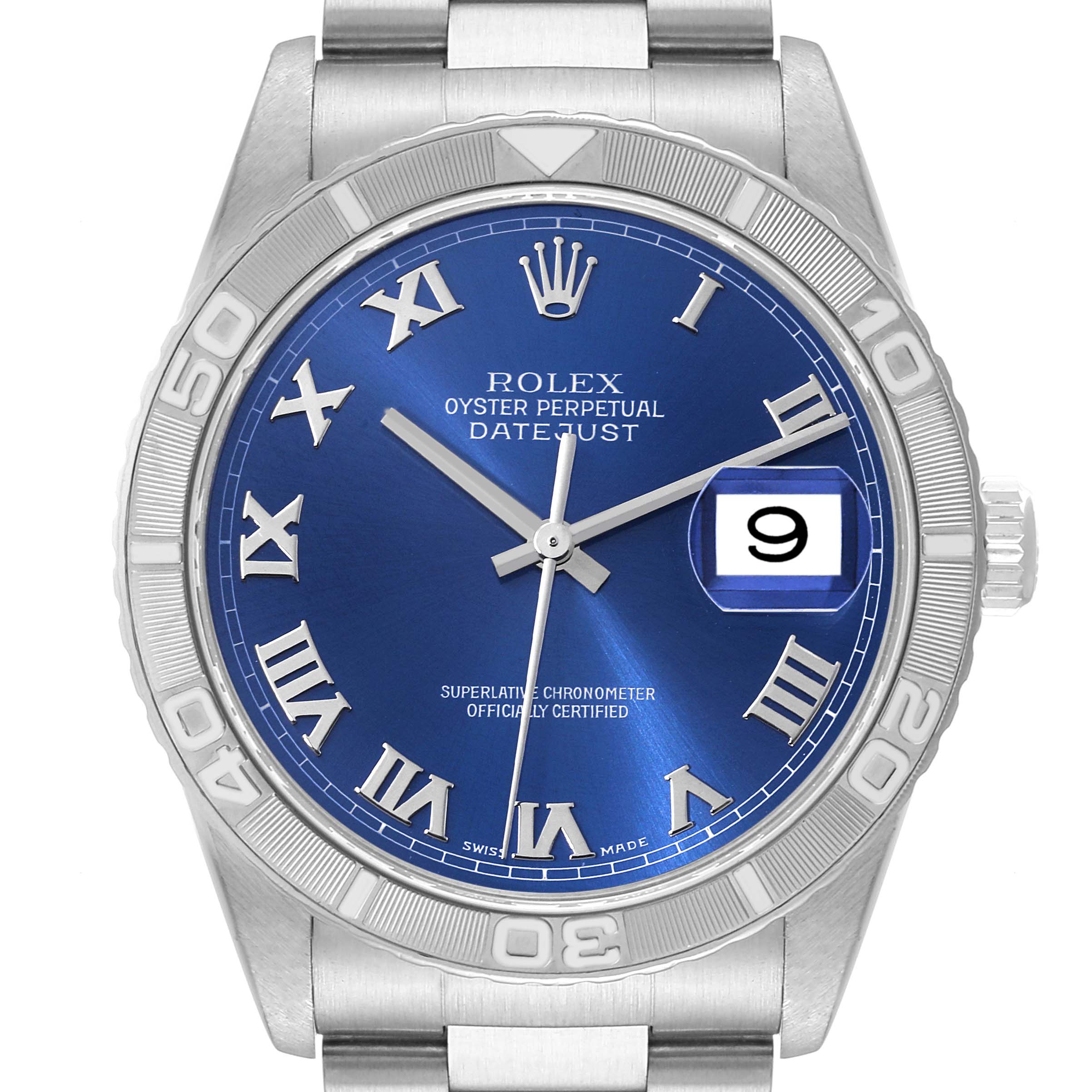 This image shows a front view of the Rolex Turn-o-Graph 16264 Men
s Stainless Steel Blue Dial 16264 Men
s Stainless Steel Blue Dial watch, highlighting its blue dial, Roman numerals, and date display.