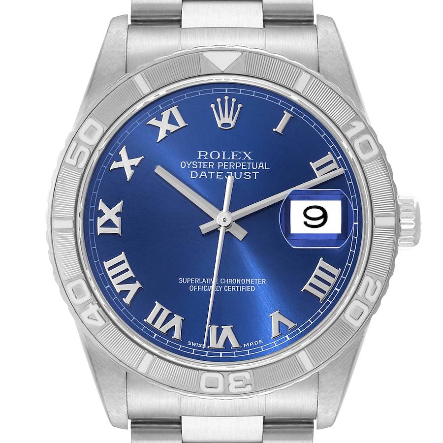Rolex Turnograph Datejust Steel White Gold Blue Dial Watch 16264 Box Papers SwissWatchExpo