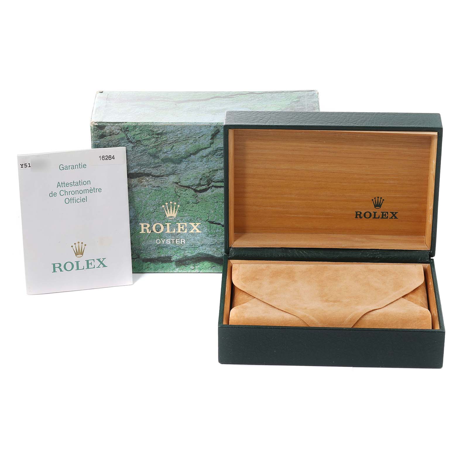 The image shows the box, inner case, and official papers for a Turn-o-Graph model by Rolex, viewed from a front angle.