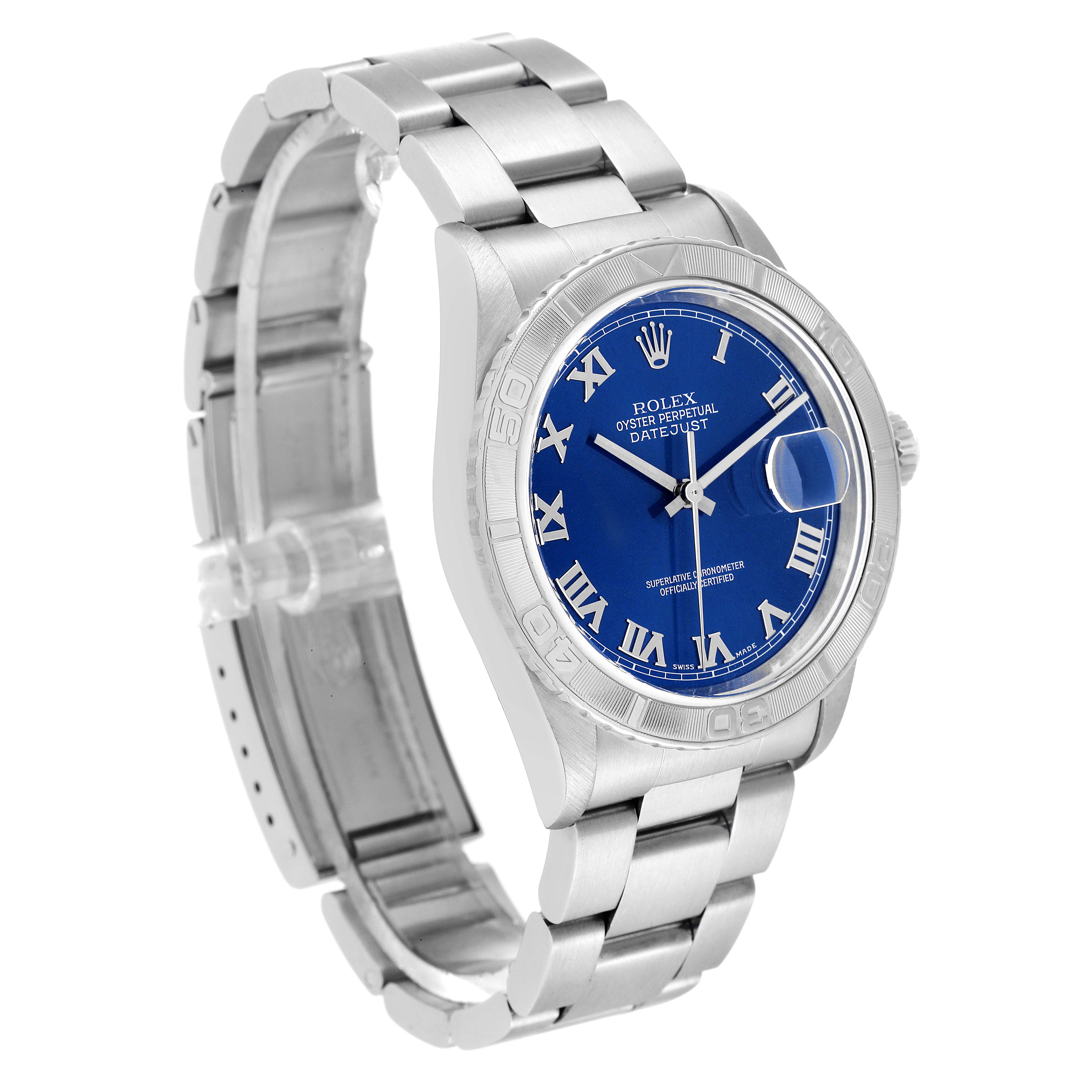 The Rolex Turn-o-Graph 16264 Men
s Stainless Steel Blue Dial 16264 Men
s Stainless Steel Blue Dial watch is shown at a slight angle, displaying its blue dial, bezel, and partially open stainless steel bracelet.