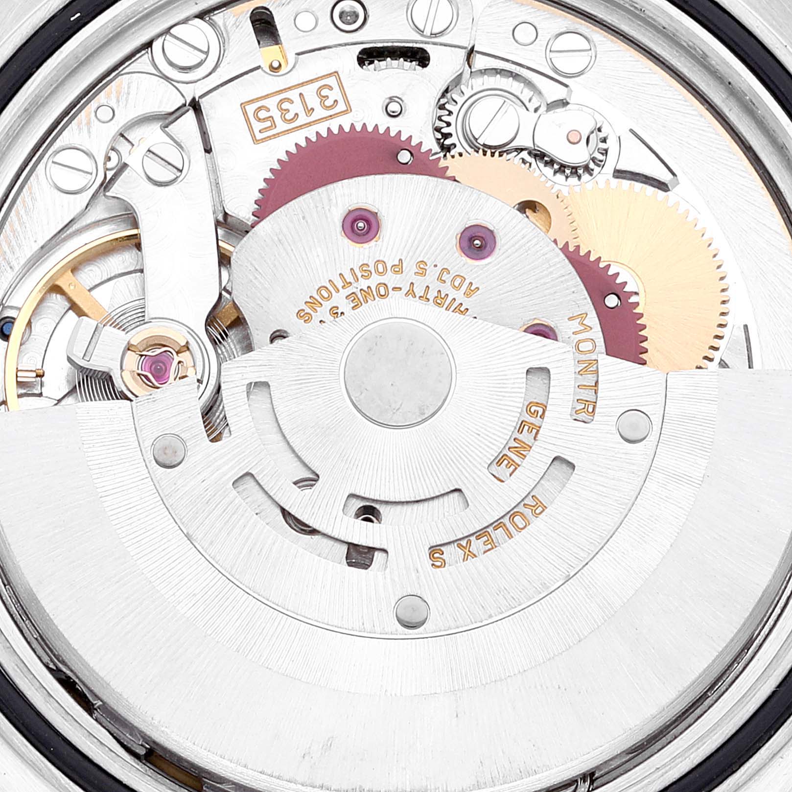 The image shows the intricate internal mechanism of a Rolex Turn-o-Graph 16264 Men
s Stainless Steel Blue Dial 16264 Men
s Stainless Steel Blue Dial watch from a close-up angle.