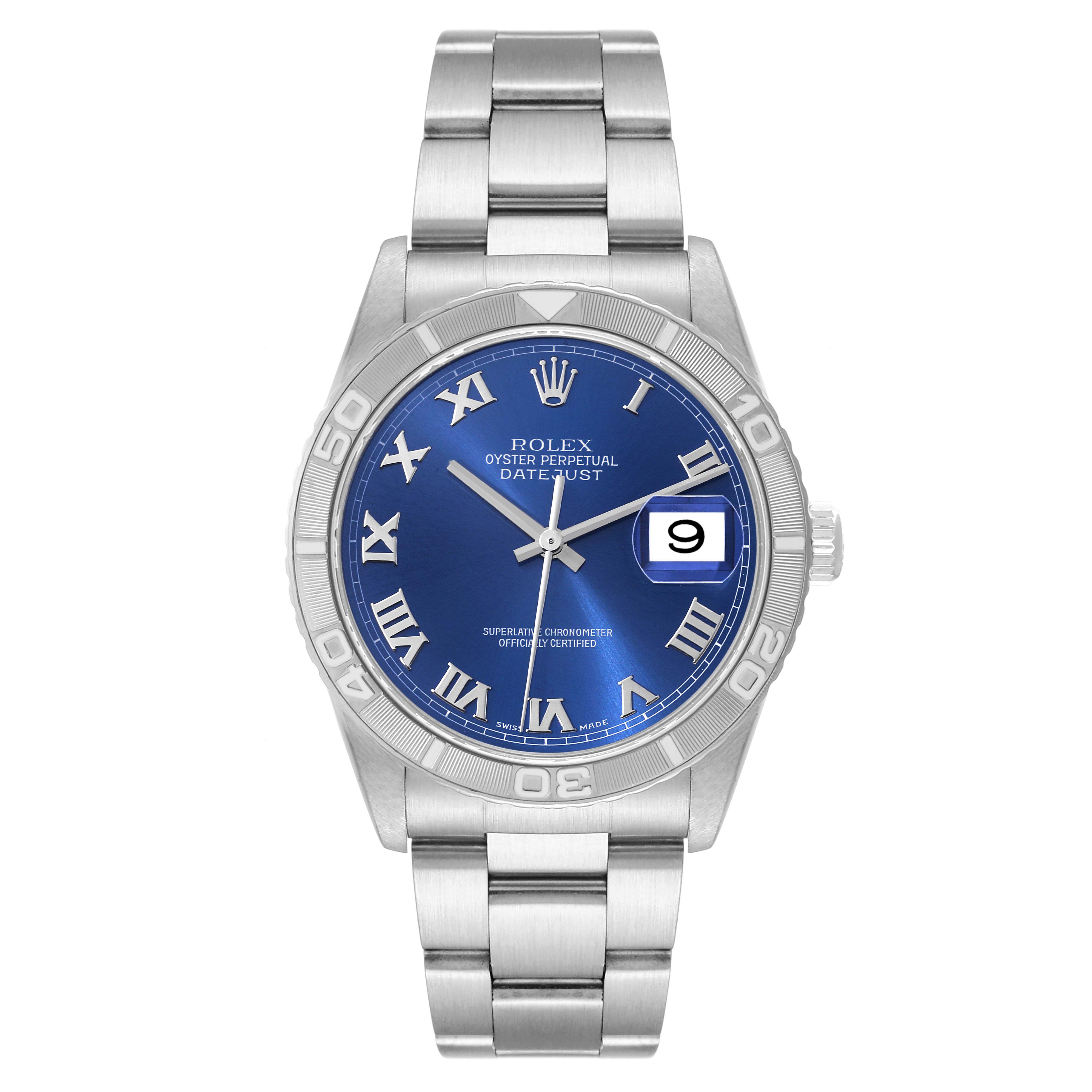 The image shows a front view of a Rolex Turn-o-Graph 16264 Men
s Stainless Steel Blue Dial 16264 Men
s Stainless Steel Blue Dial watch with a blue dial and stainless steel bracelet.
