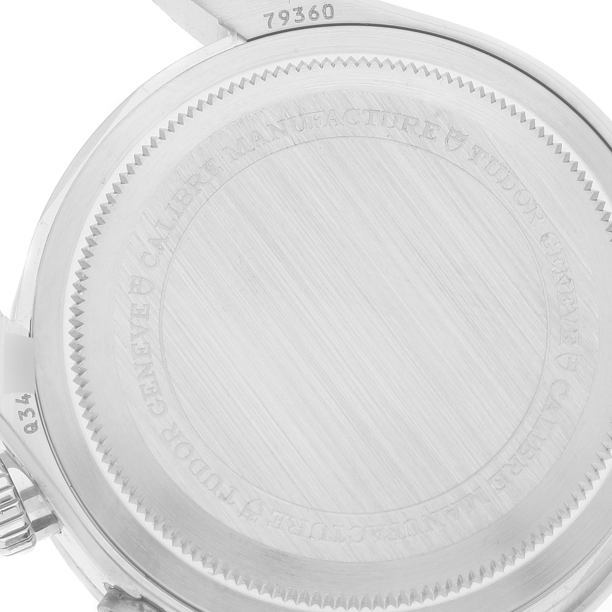 The image shows the back case of a Tudor Heritage Black Bay 79360N Men
s Stainless Steel White Dial 79360N Men
s Stainless Steel White Dial watch.