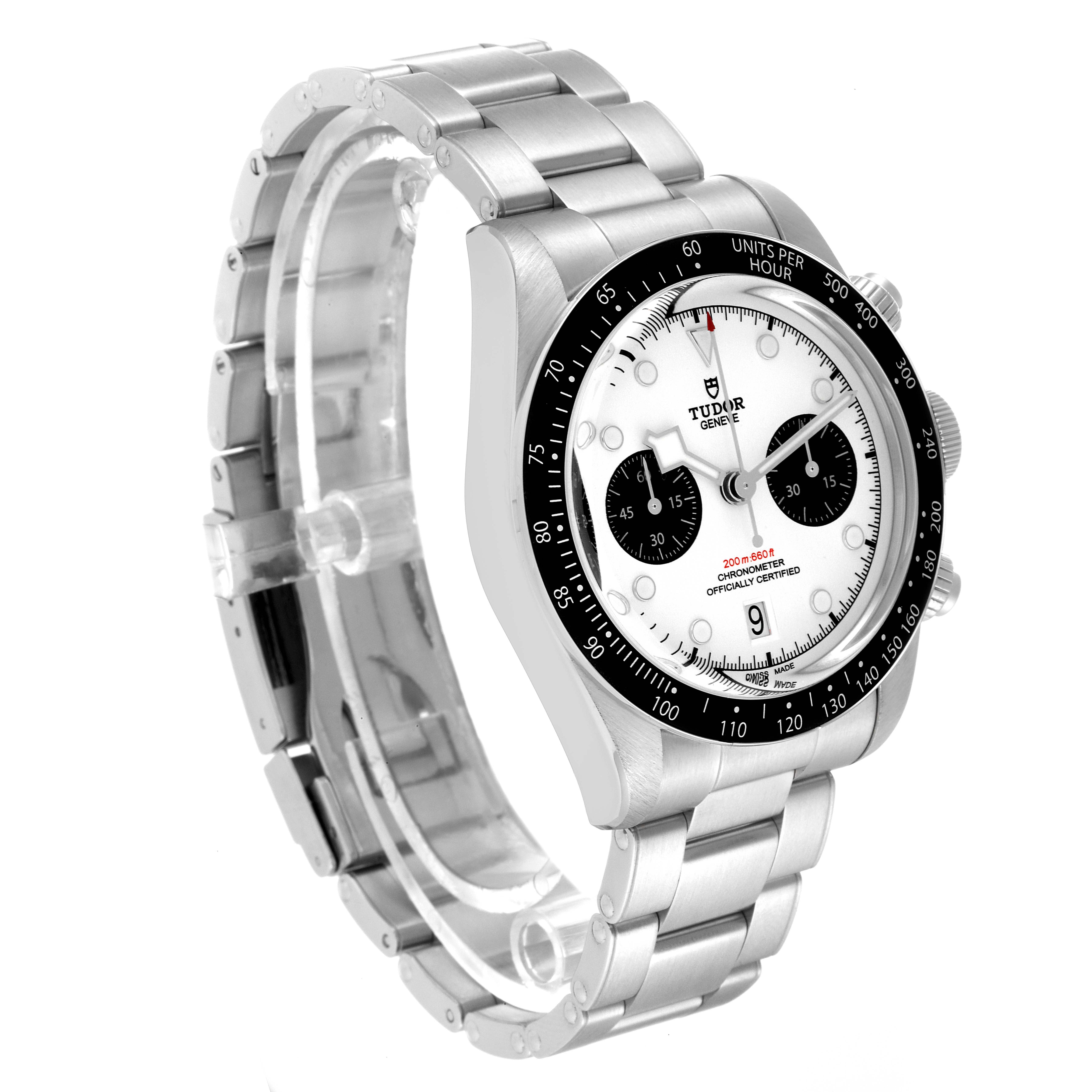 The Tudor Heritage Black Bay 79360N Men
s Stainless Steel White Dial 79360N Men
s Stainless Steel White Dial watch is shown at a three-quarter angle, highlighting the face, bezel, side buttons, and stainless steel bracelet.