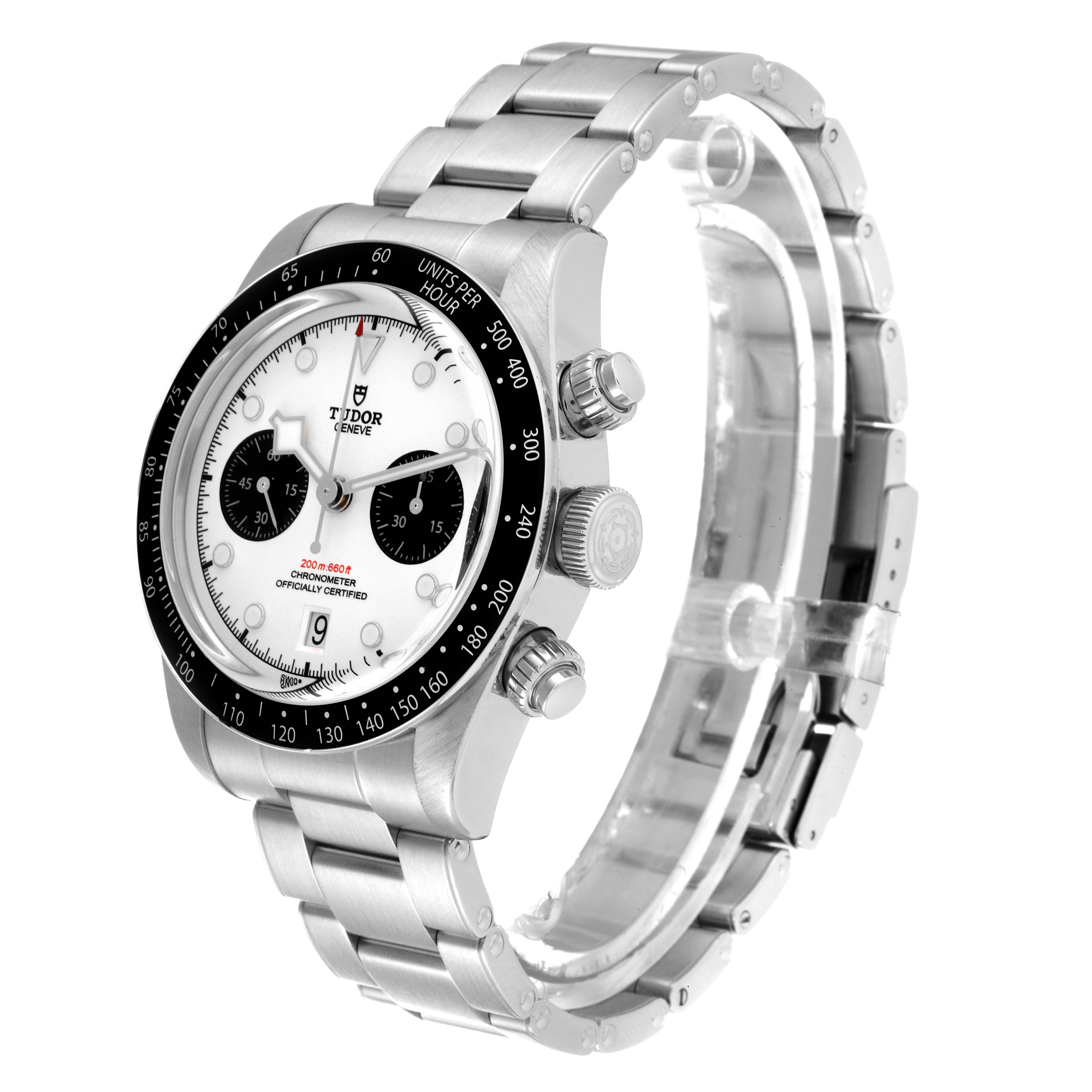 The image shows a side angle of the Tudor Heritage Black Bay 79360N Men
s Stainless Steel White Dial 79360N Men
s Stainless Steel White Dial watch, highlighting its stainless steel case, bezel, crown, and bracelet.