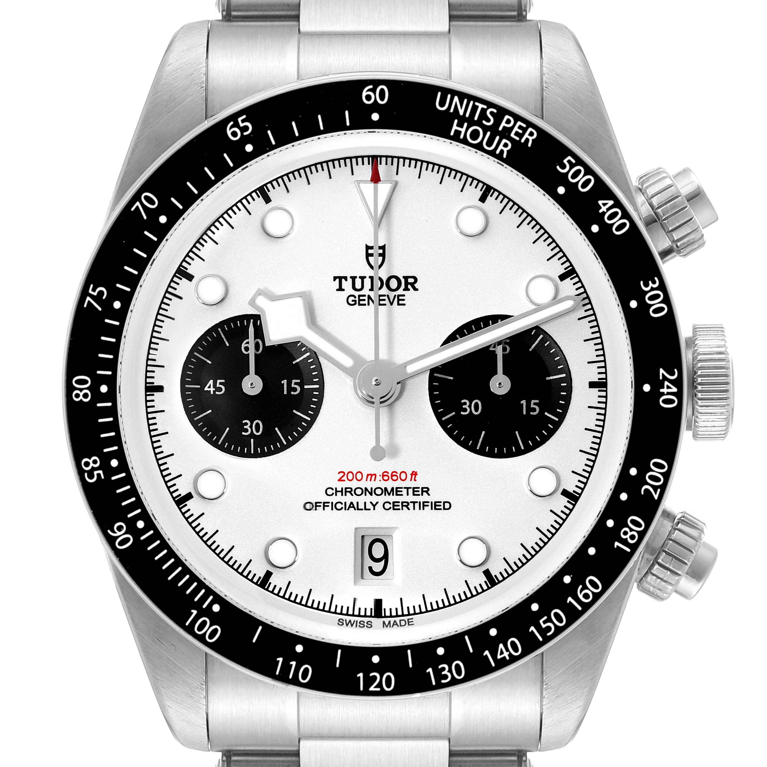 The Tudor Heritage Black Bay 79360N Men
s Stainless Steel White Dial 79360N Men
s Stainless Steel White Dial watch is shown from a front angle, displaying its dial, bezel, chronograph subdials, and bracelet.