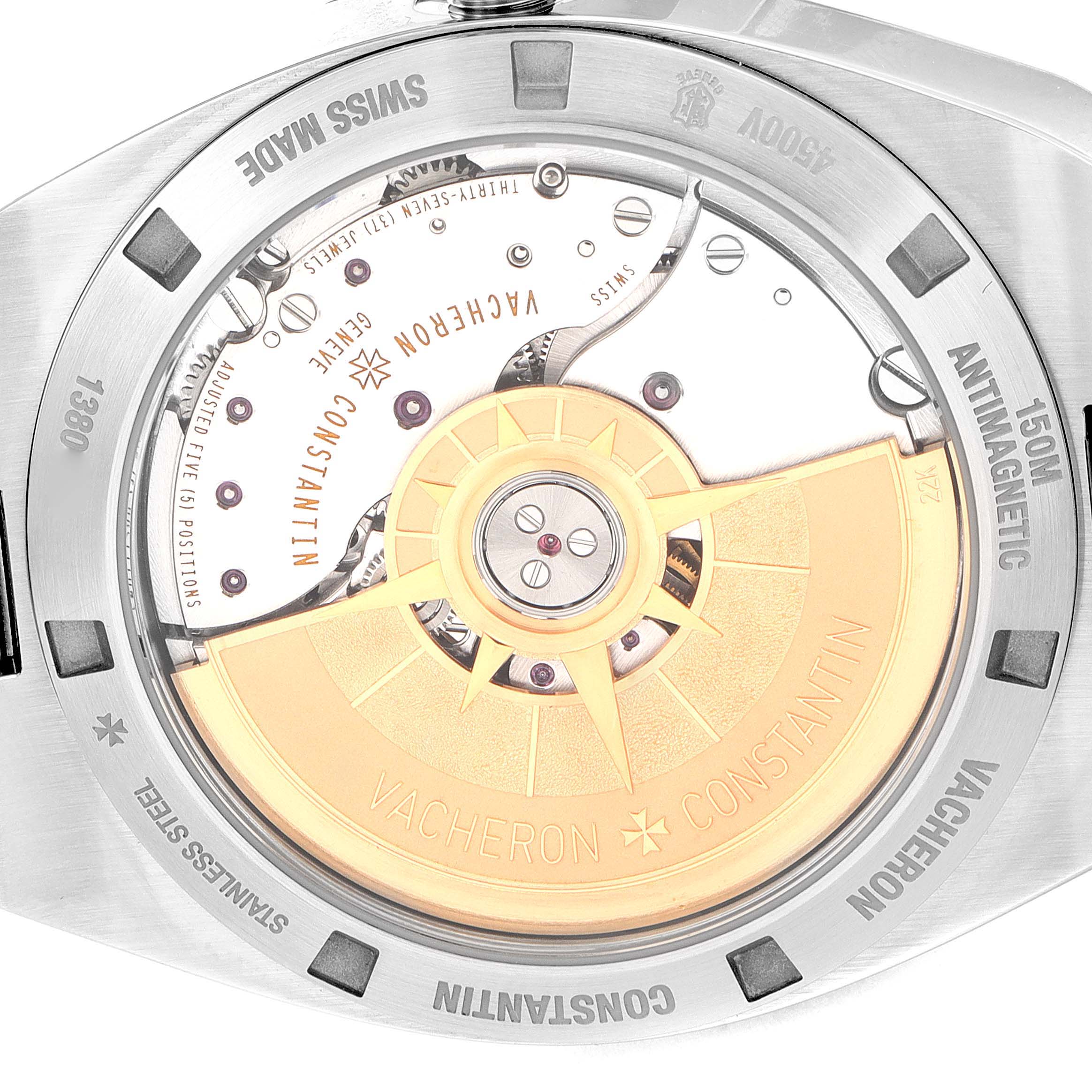 The image shows the back view of the Vacheron Constantin Overseas 4500V/110A-B126 Men
s Stainless Steel Silver Dial 4500V/110A-B126 Men
s Stainless Steel Silver Dial model, highlighting its intricate rotor and internal mechanism.