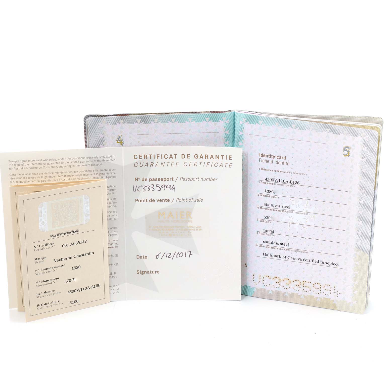 The image shows the guarantee certificate and identity card for the Vacheron Constantin Overseas 4500V/110A-B126 Men
s Stainless Steel Silver Dial 4500V/110A-B126 Men
s Stainless Steel Silver Dial model watch.