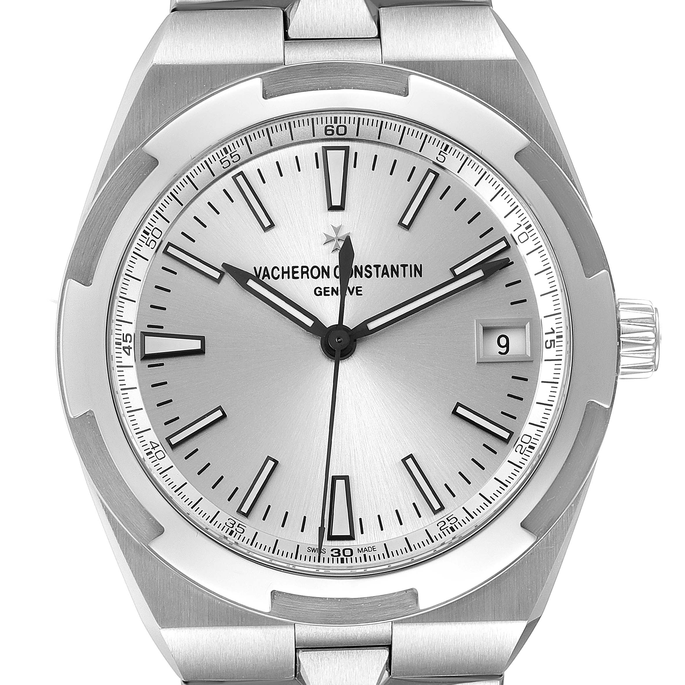 The image shows a front view of the dial and part of the bracelet of a Vacheron Constantin Overseas 4500V/110A-B126 Men
s Stainless Steel Silver Dial 4500V/110A-B126 Men
s Stainless Steel Silver Dial model watch.