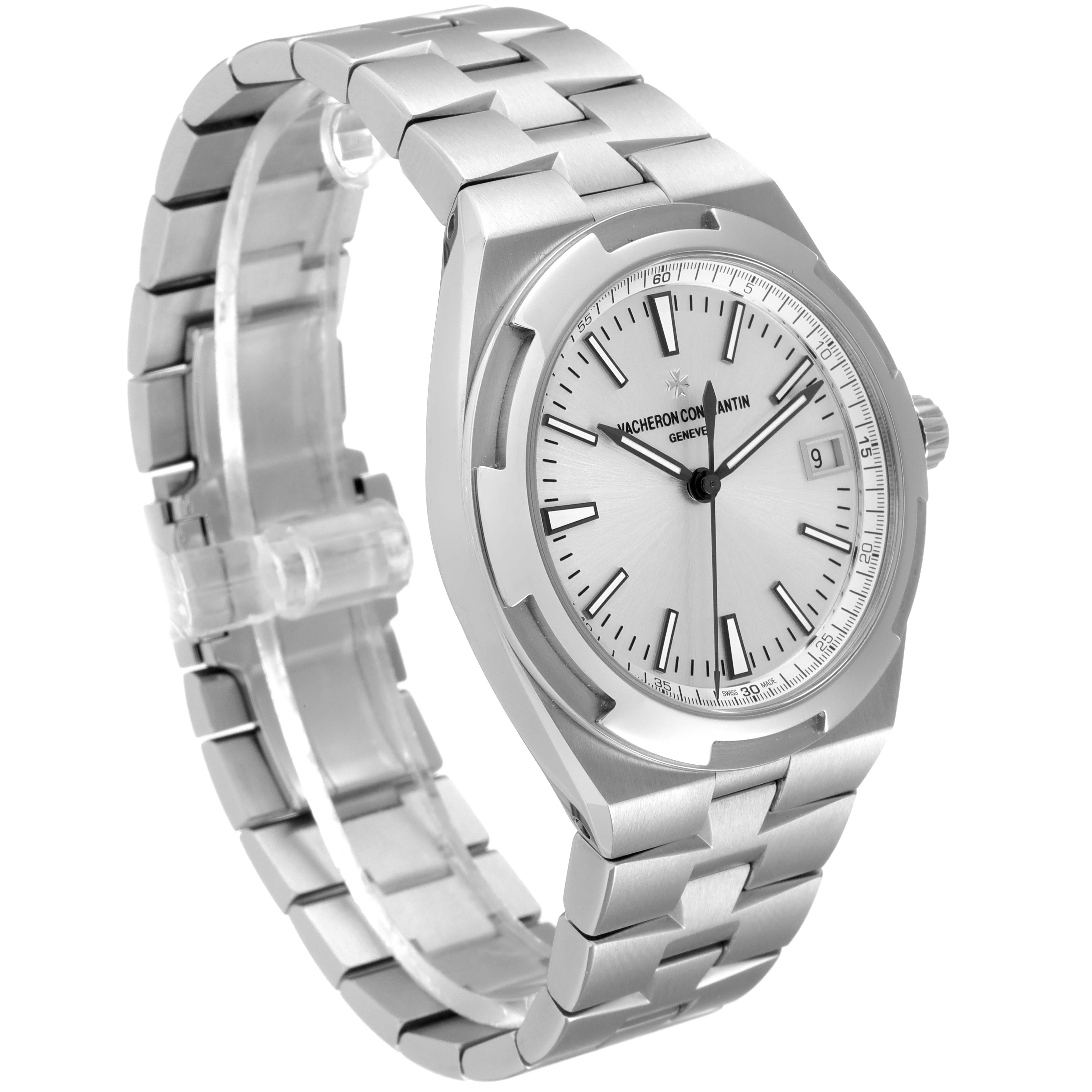 The Vacheron Constantin Overseas 4500V/110A-B126 Men
s Stainless Steel Silver Dial 4500V/110A-B126 Men
s Stainless Steel Silver Dial watch is shown at a three-quarter angle, displaying the face, bracelet, and crown.