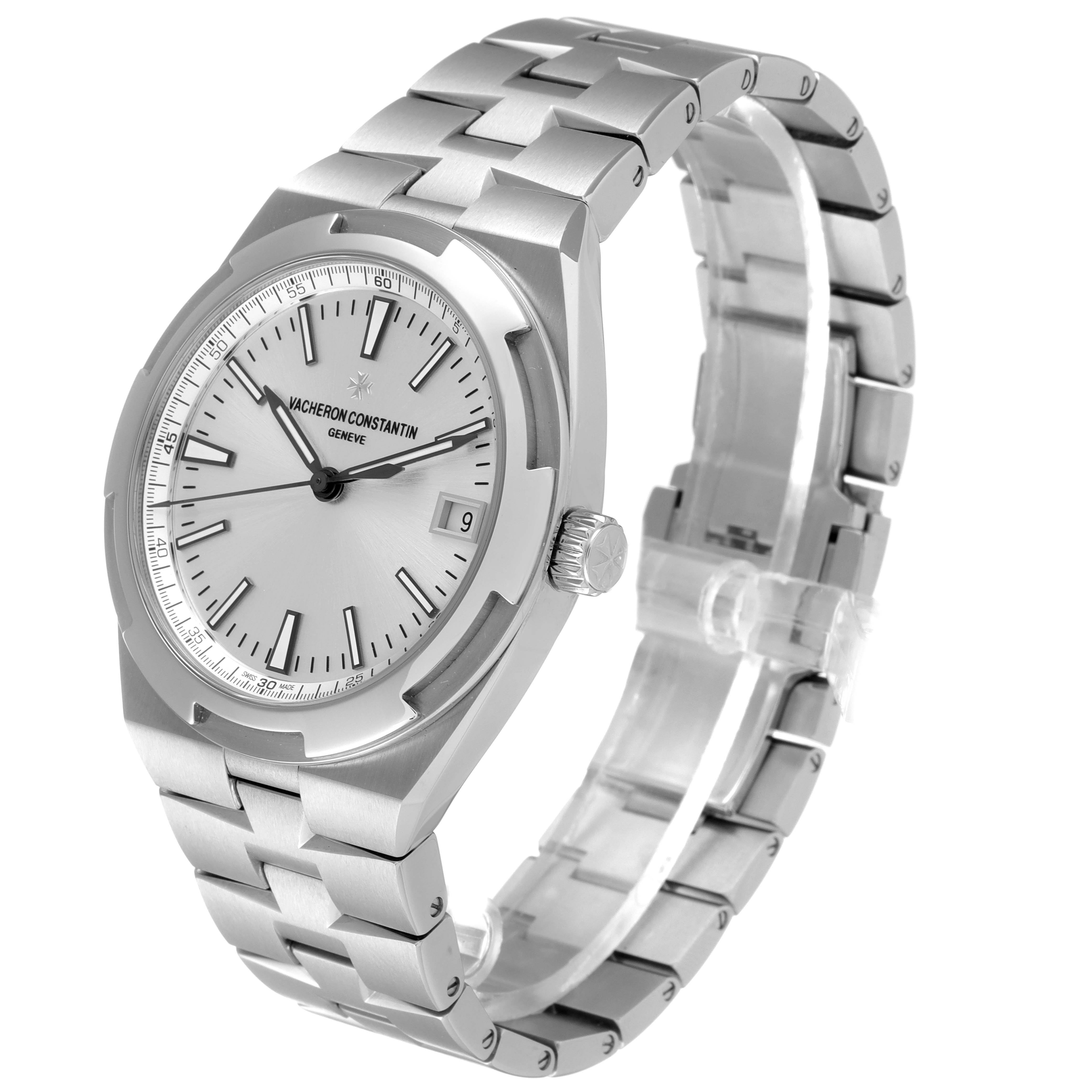 The image shows a Vacheron Constantin Overseas 4500V/110A-B126 Men
s Stainless Steel Silver Dial 4500V/110A-B126 Men
s Stainless Steel Silver Dial watch at a 3/4 angle, highlighting the dial, bezel, crown, and bracelet.