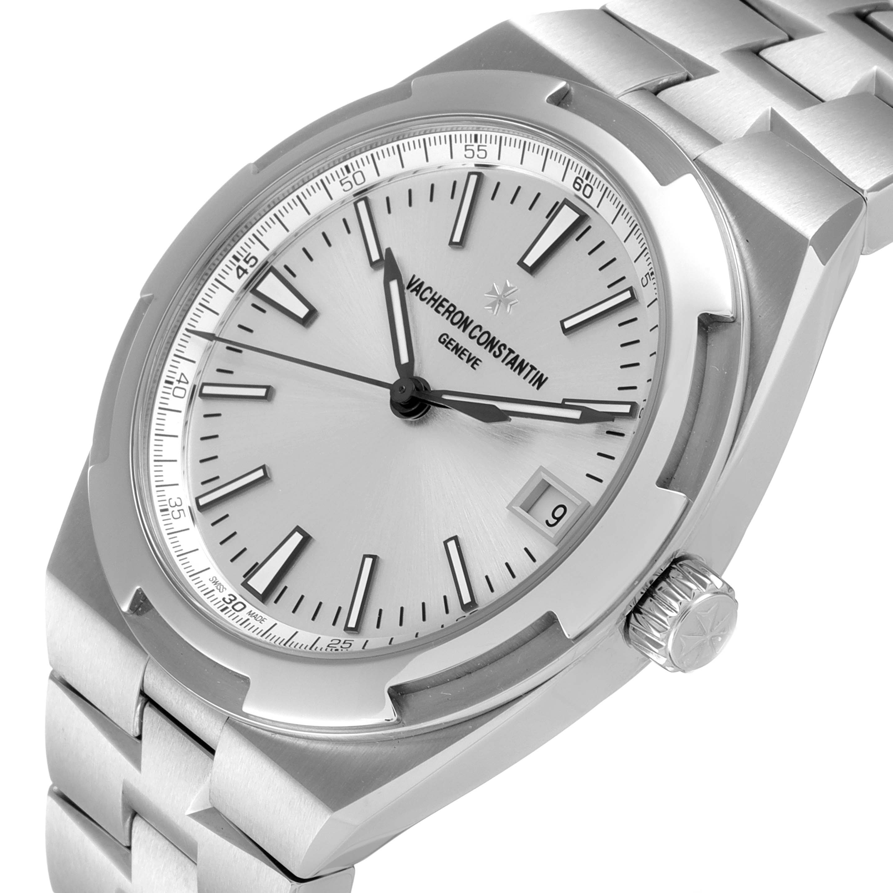 The Vacheron Constantin Overseas 4500V/110A-B126 Men
s Stainless Steel Silver Dial 4500V/110A-B126 Men
s Stainless Steel Silver Dial watch is shown at an angle, highlighting the dial, crown, and part of the polished metal bracelet.
