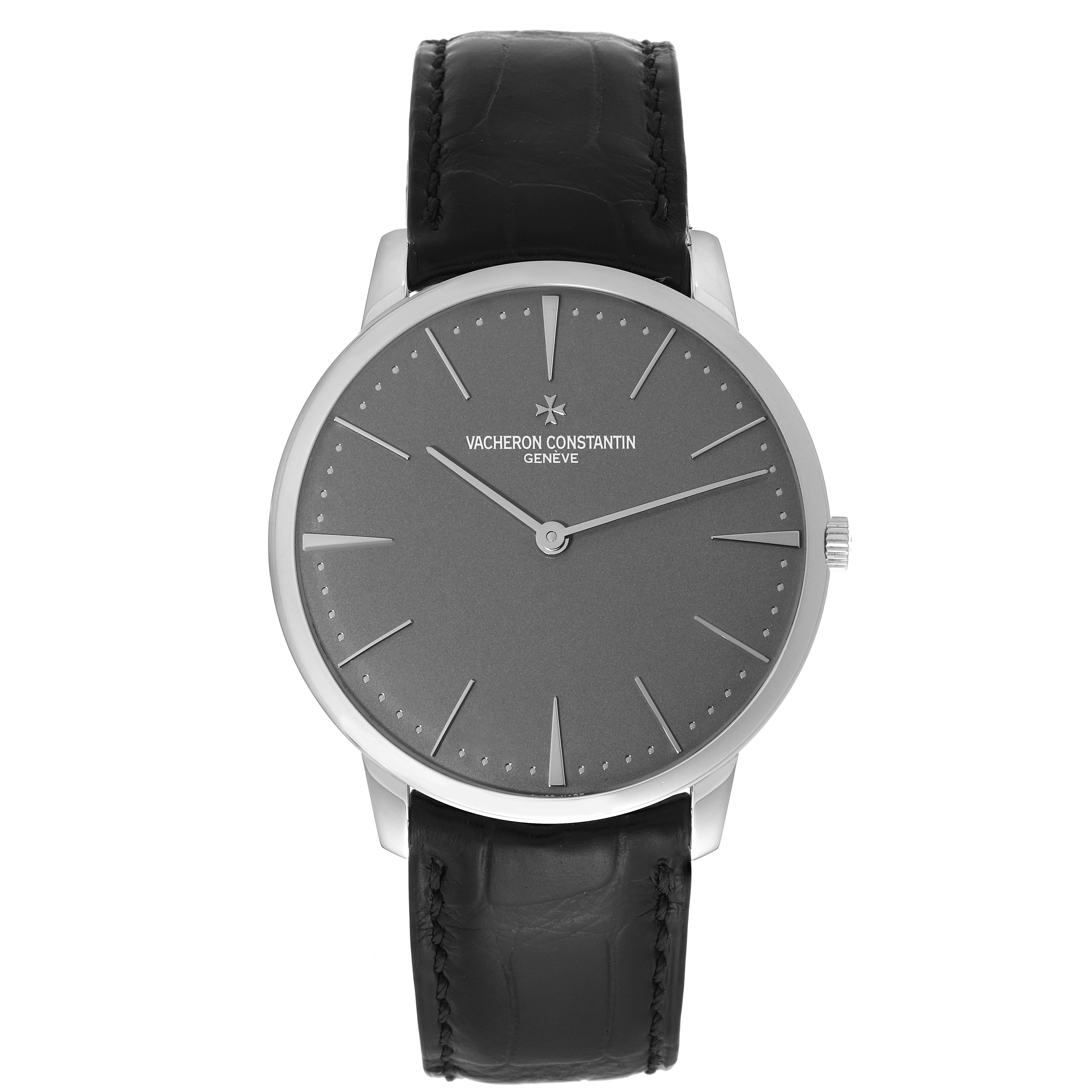 The image shows a front view of a Vacheron Constantin Patrimony 81180/000P-9539 Men's Platinum Grey Dial 81180/000P-9539 Men's Platinum Grey Dial watch, displaying its dial, hands, case, and leather strap.