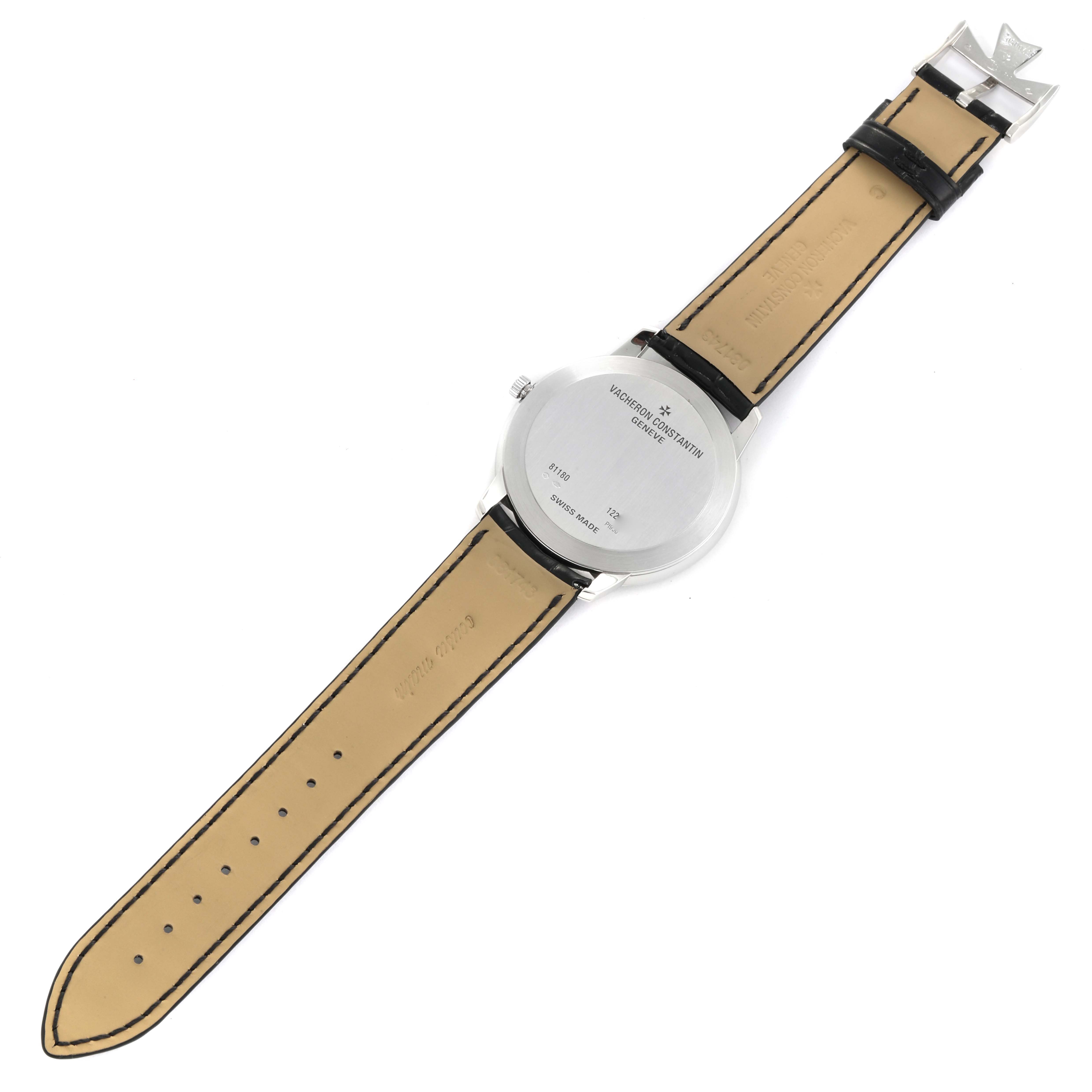 The image shows the back view of a Vacheron Constantin Patrimony 81180/000P-9539 Men's Platinum Grey Dial 81180/000P-9539 Men's Platinum Grey Dial watch, highlighting its case back and leather strap.