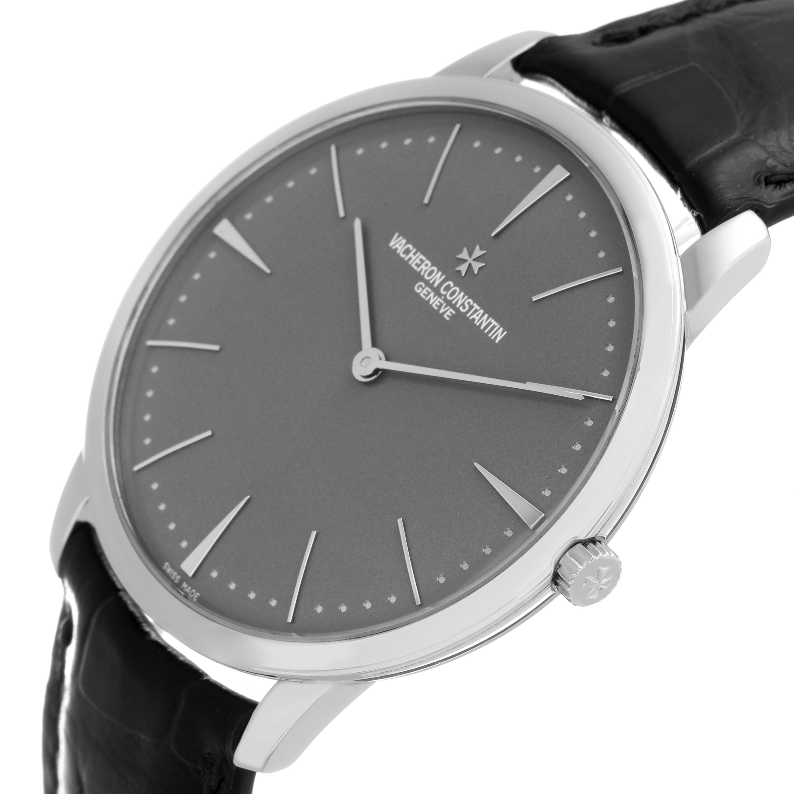 This image shows the front and side angle of the Vacheron Constantin Patrimony 81180/000P-9539 Men's Platinum Grey Dial 81180/000P-9539 Men's Platinum Grey Dial watch, highlighting the dial, bezel, and crown.