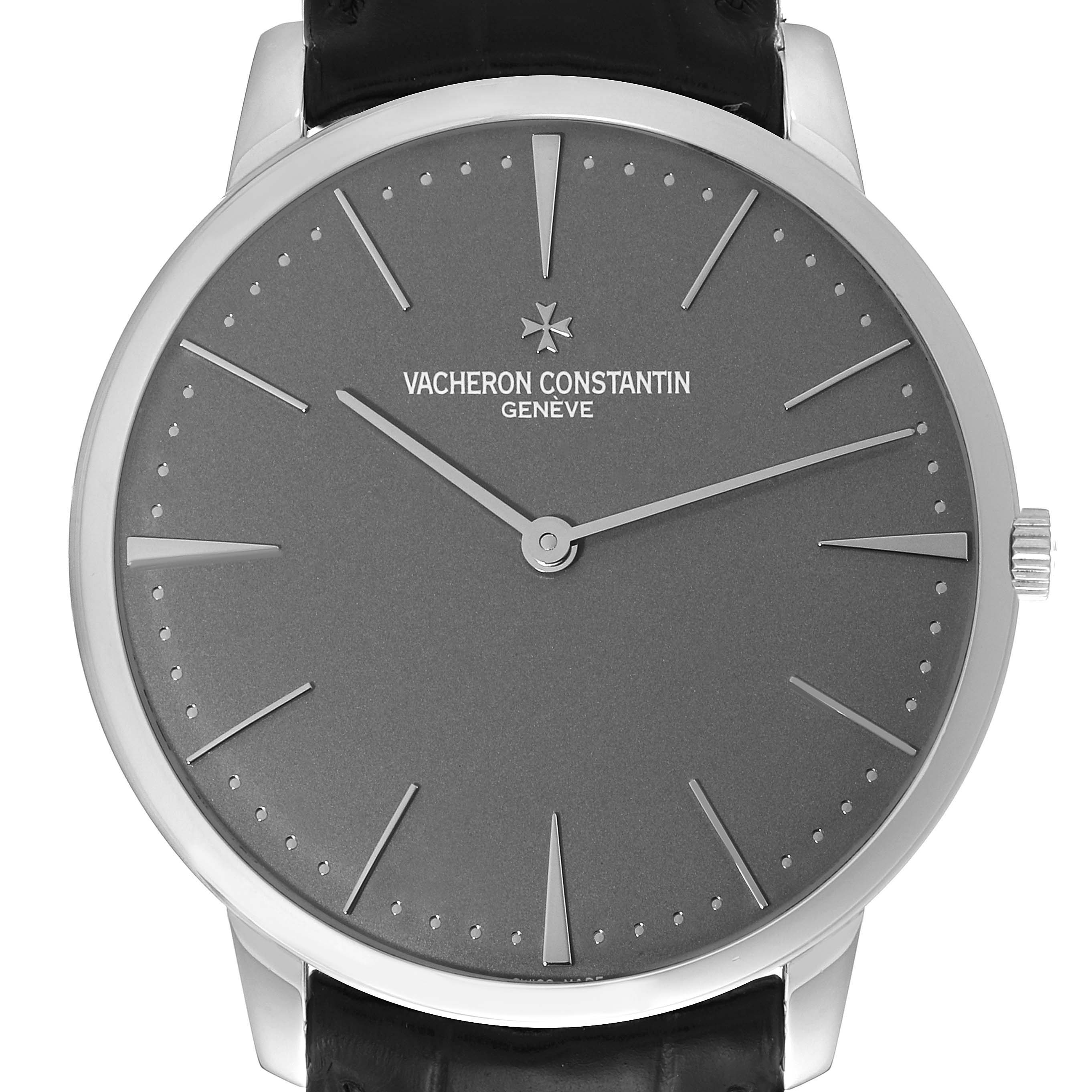 The image shows a front view of the Vacheron Constantin Patrimony 81180/000P-9539 Men's Platinum Grey Dial 81180/000P-9539 Men's Platinum Grey Dial watch, highlighting its dial, hands, and a portion of its leather strap.