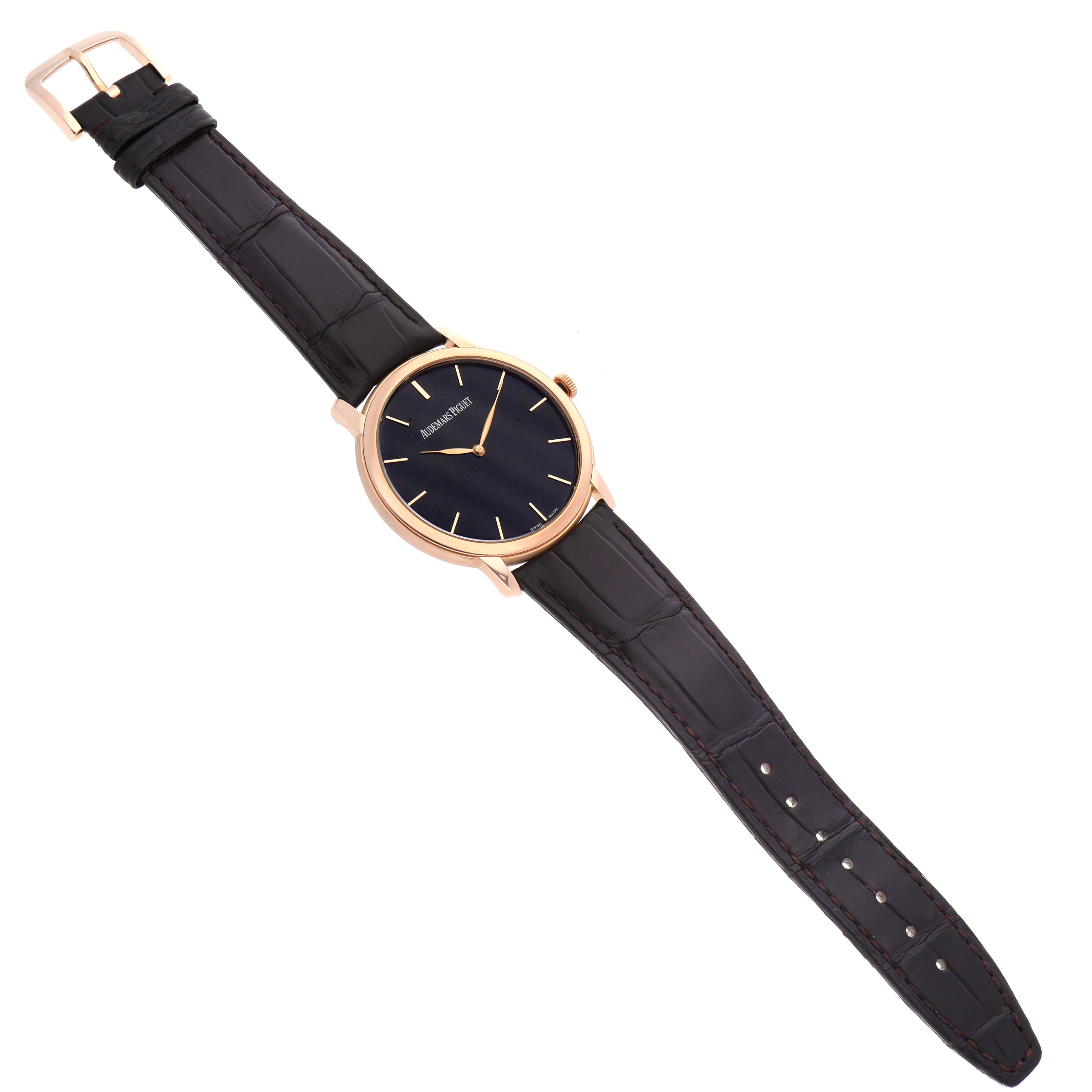 The Audemars Piguet Jules 15180R Men's Rose Gold Black Dial model is shown from a top view, featuring its full face and leather strap.