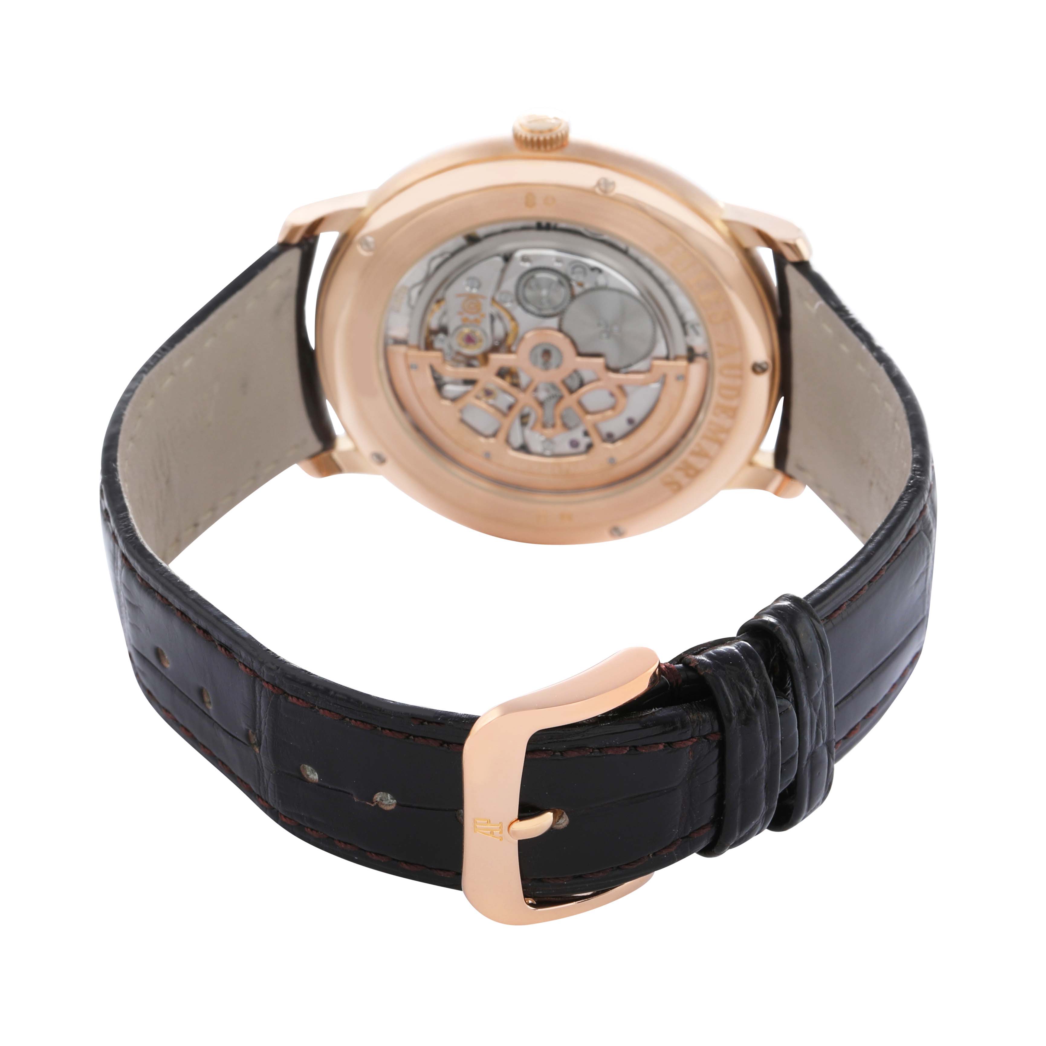 The image shows the back view of an Audemars Piguet Jules 15180R Men's Rose Gold Black Dial watch, focusing on its case back and black leather strap.