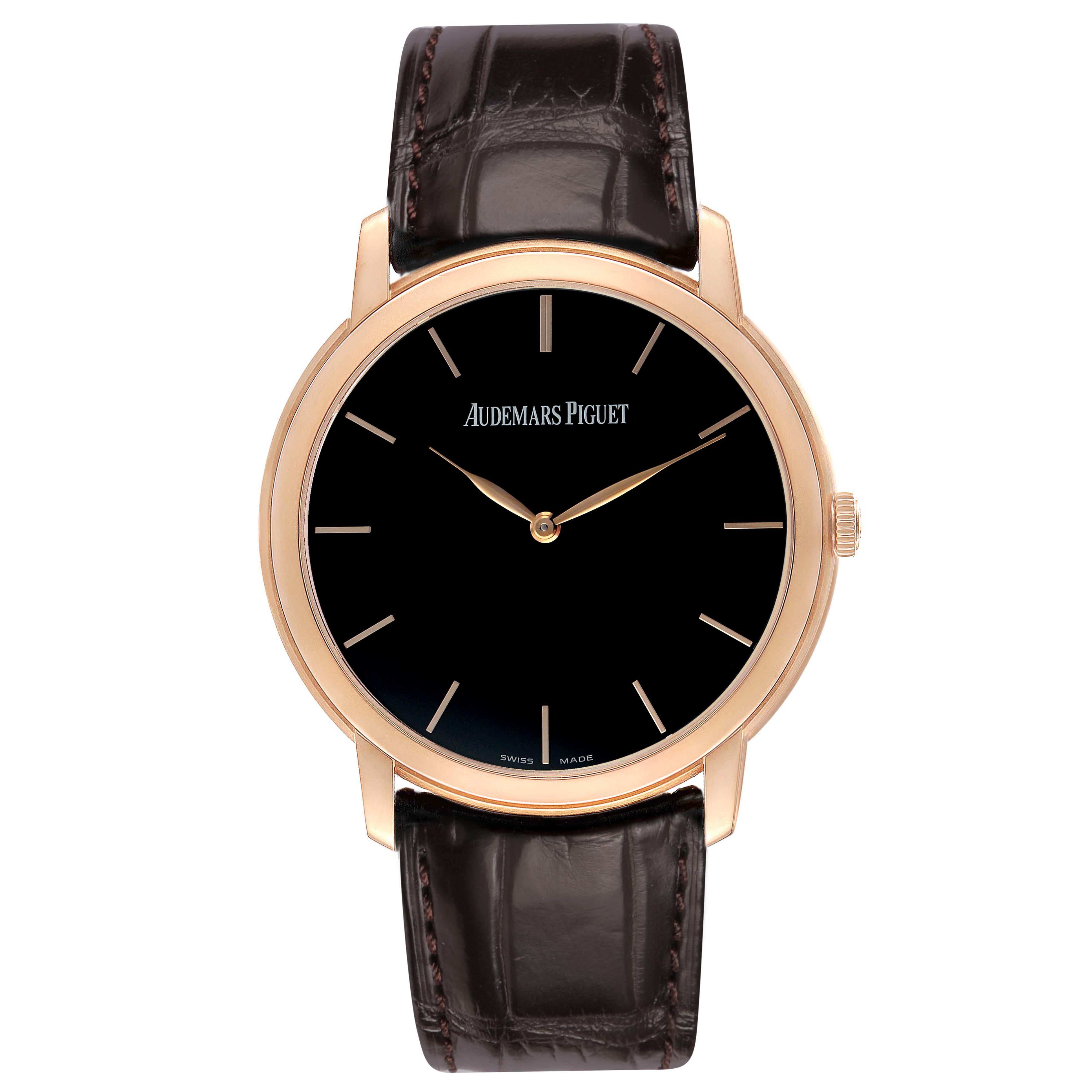 The Jules model by Audemars Piguet is shown from the front, featuring its black dial, gold hands, and leather strap.