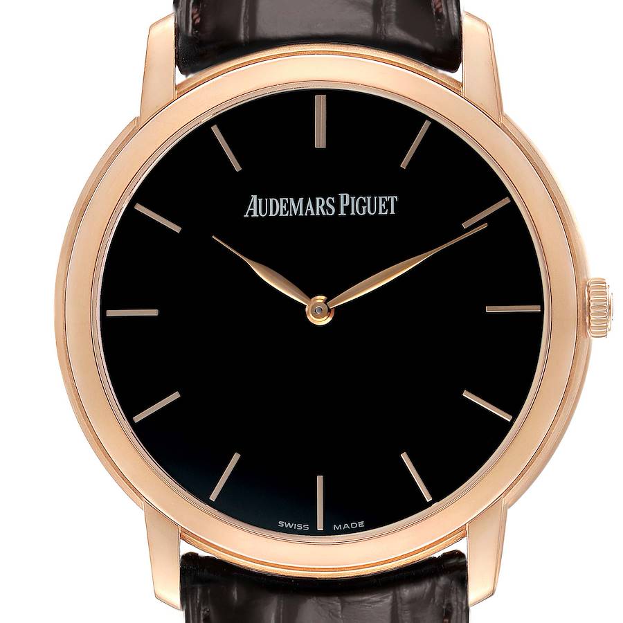 The image shows a front view of the Audemars Piguet Jules 15180R Men's Rose Gold Black Dial watch, highlighting its black dial and gold casing with a leather strap.
