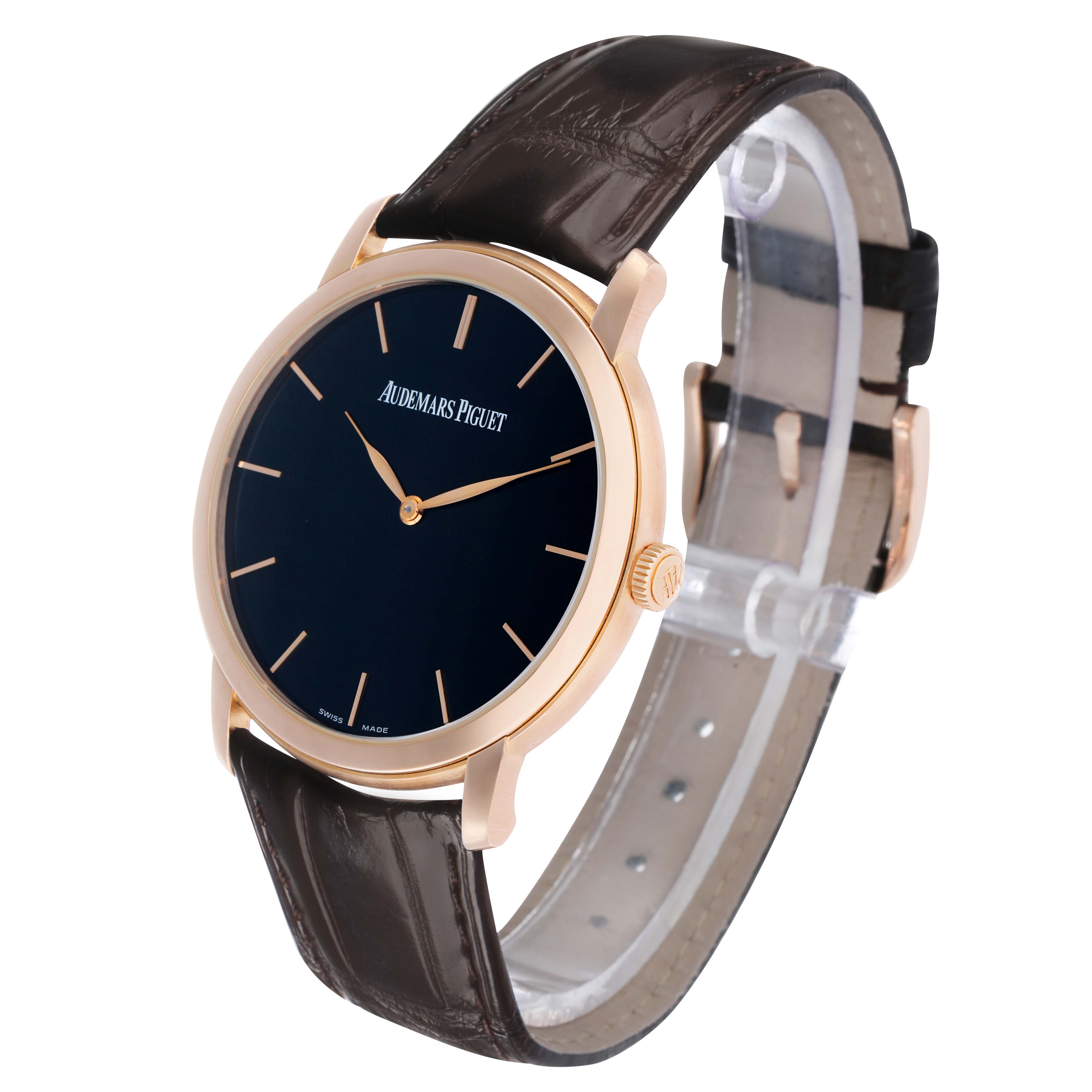 The Jules model by Audemars Piguet is shown at a three-quarter angle, displaying the dial, case, crown, and leather strap.