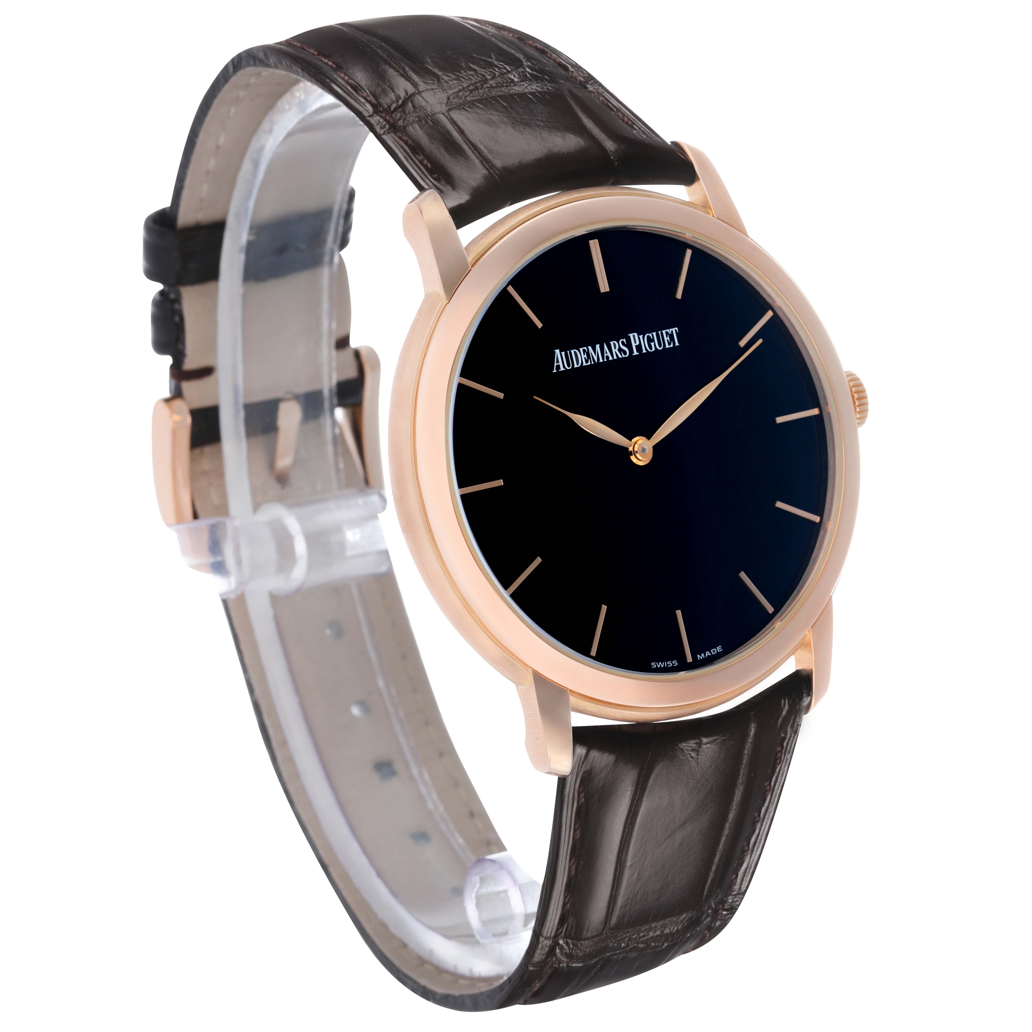 The Audemars Piguet Jules 15180R Men's Rose Gold Black Dial model is shown at a slight side angle, highlighting the dial, case, leather strap, and crown.