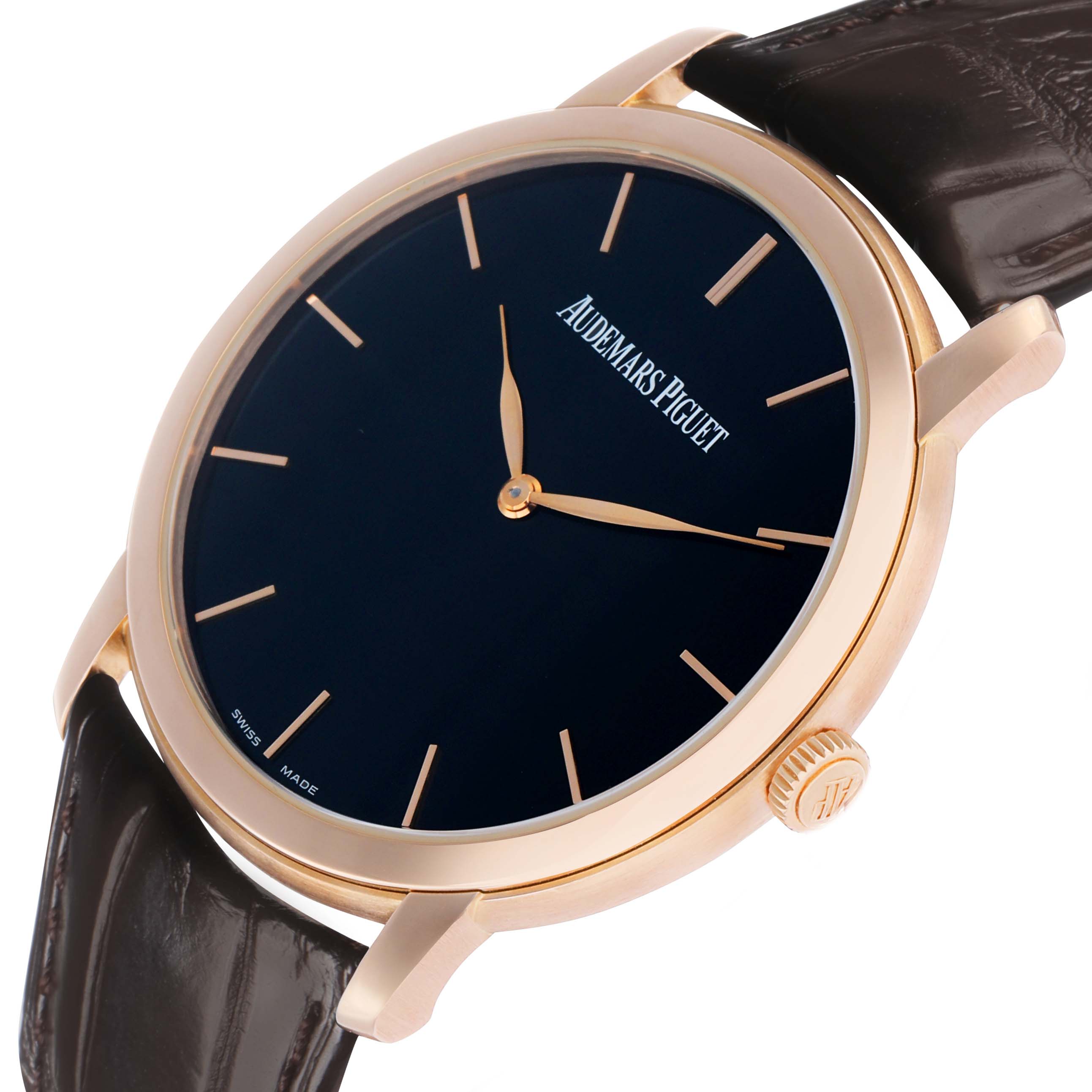 The Audemars Piguet Jules 15180R Men's Rose Gold Black Dial watch is shown at a slight side angle, highlighting the face, gold case, and crown, with a leather strap visible.