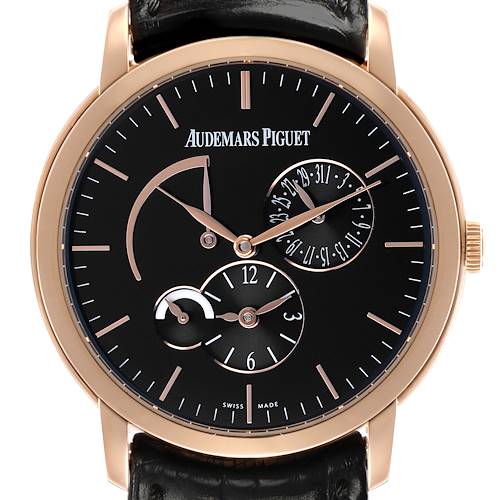 The Audemars Piguet Jules 26380OR Men's Rose Gold Black Dial model watch is shown from a front angle, displaying the face, hands, and sub-dials clearly.