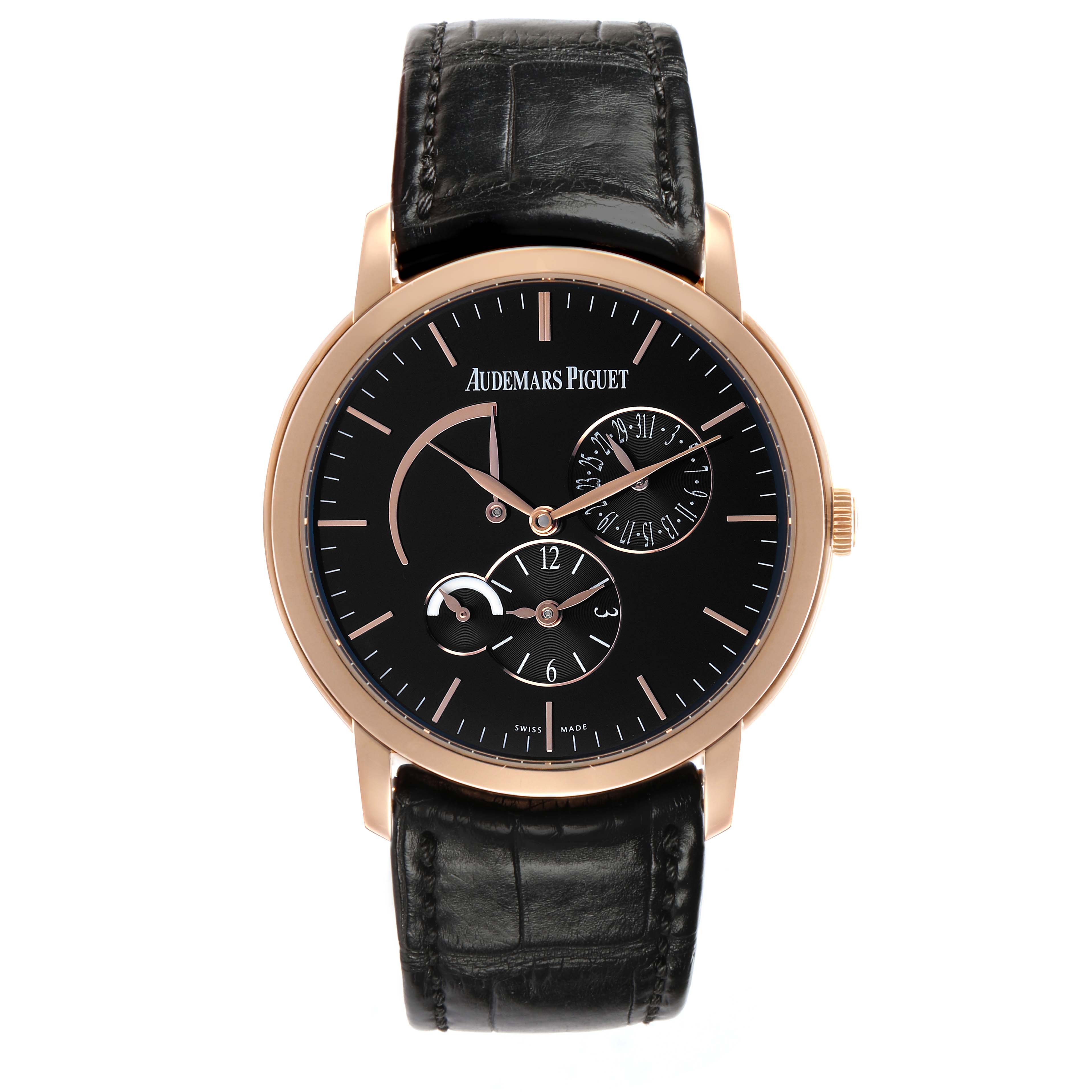 The Audemars Piguet Jules 26380OR Men's Rose Gold Black Dial watch is shown from the front, displaying its black dial, sub-dials, and leather strap.